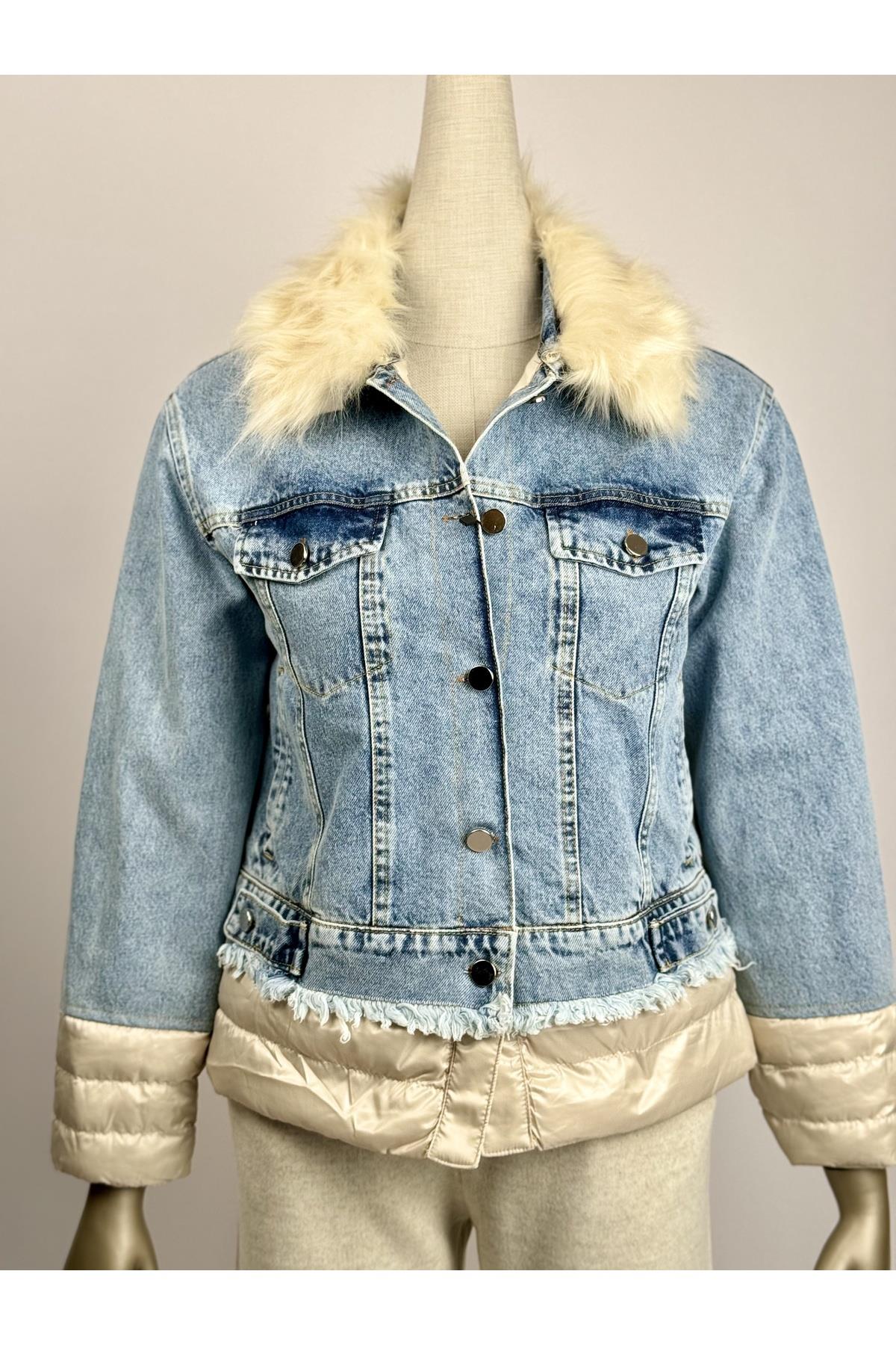 Denim Içi Dolgulu Yakası Tüylü Mont