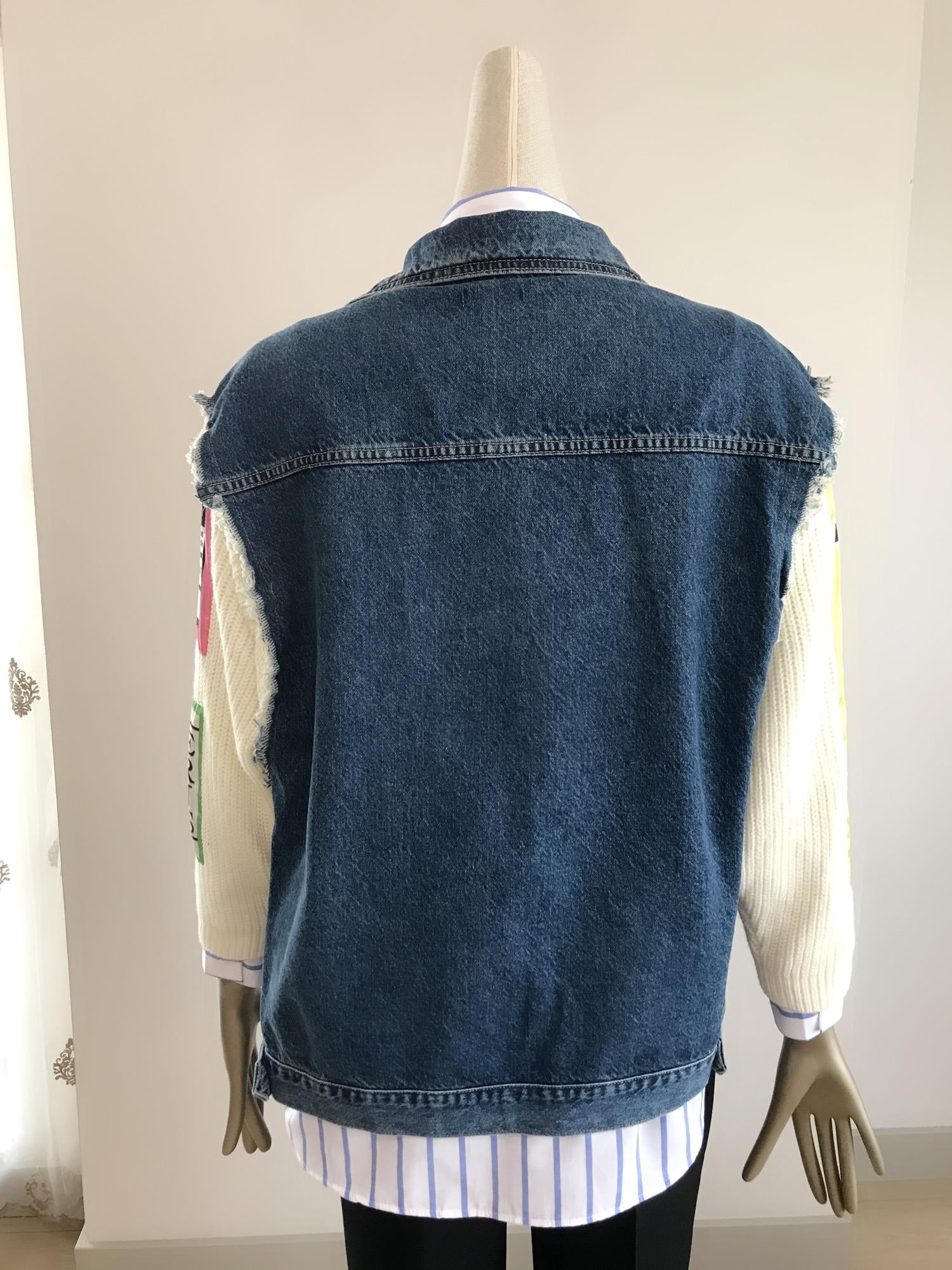 Ekru Kol Triko Tasarım Denim Mont