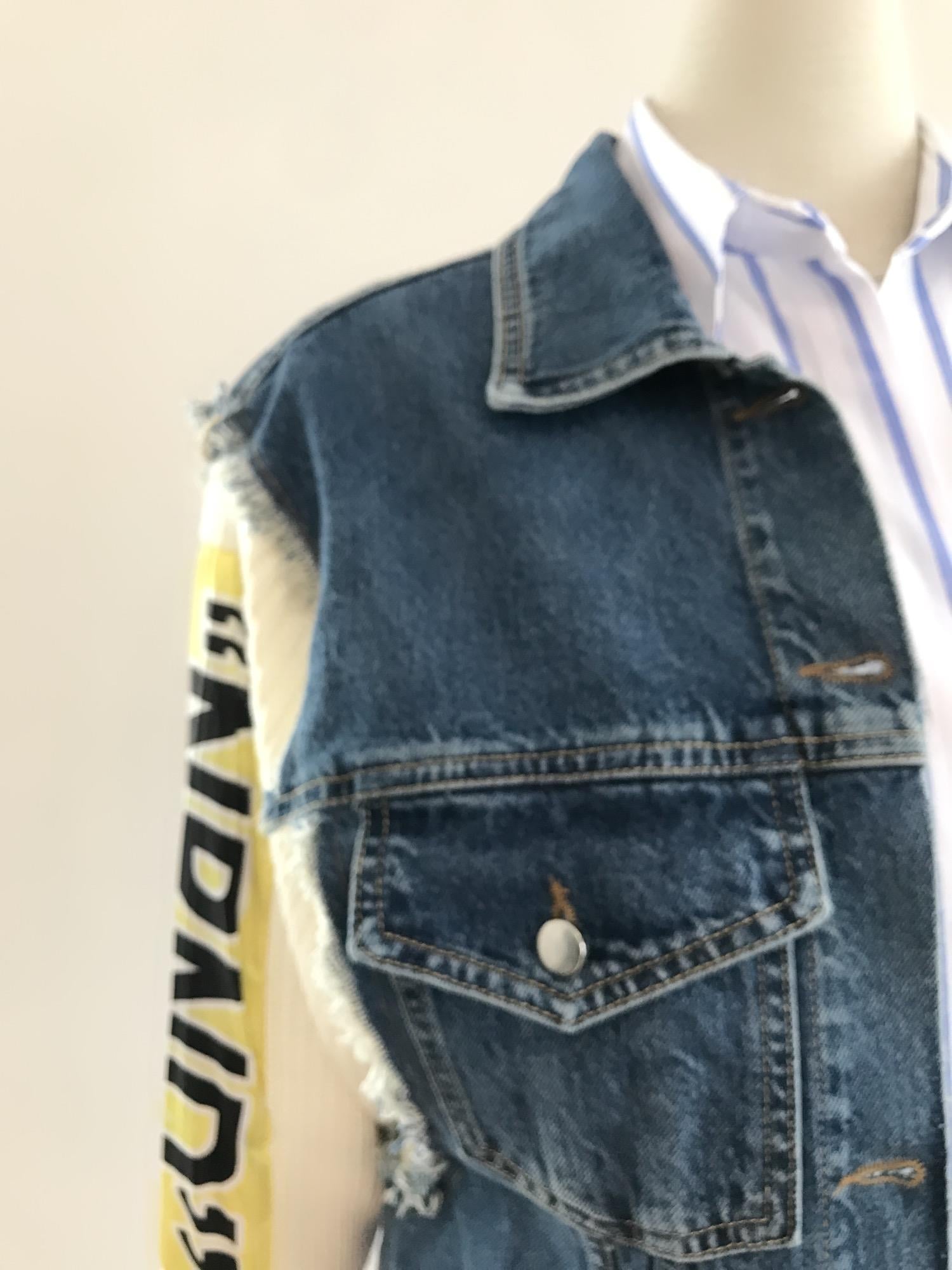 Ekru Kol Triko Tasarım Denim Mont