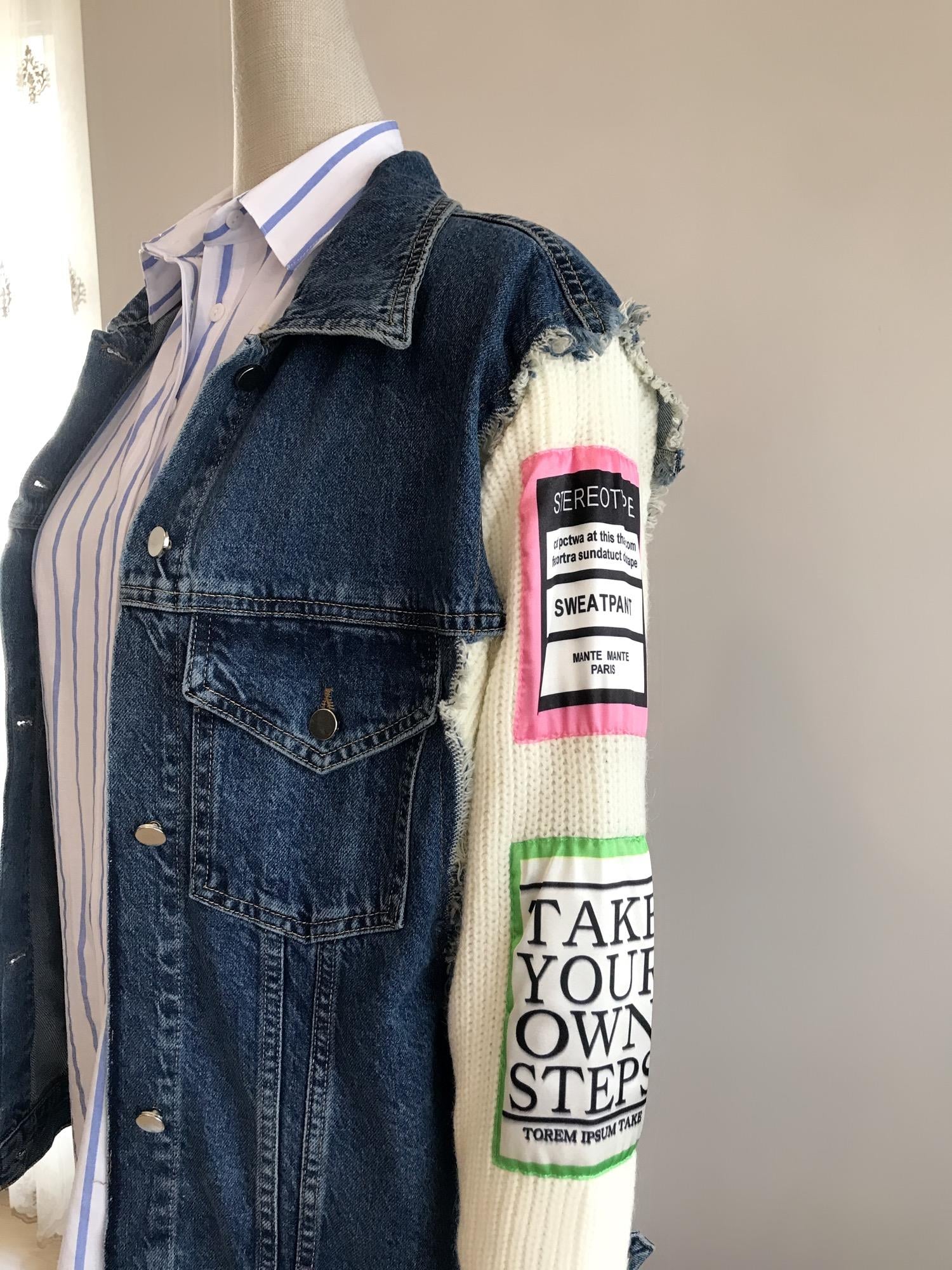 Ekru Kol Triko Tasarım Denim Mont