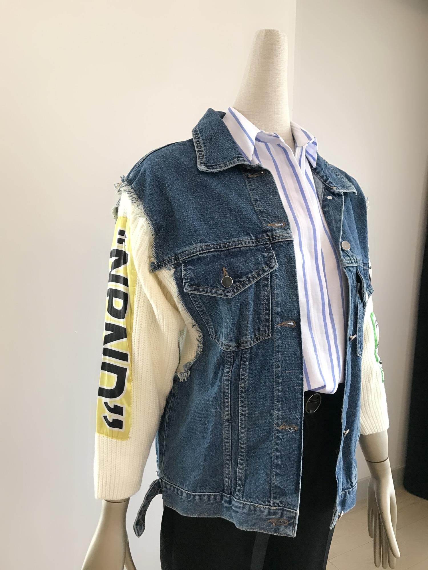 Ekru Kol Triko Tasarım Denim Mont