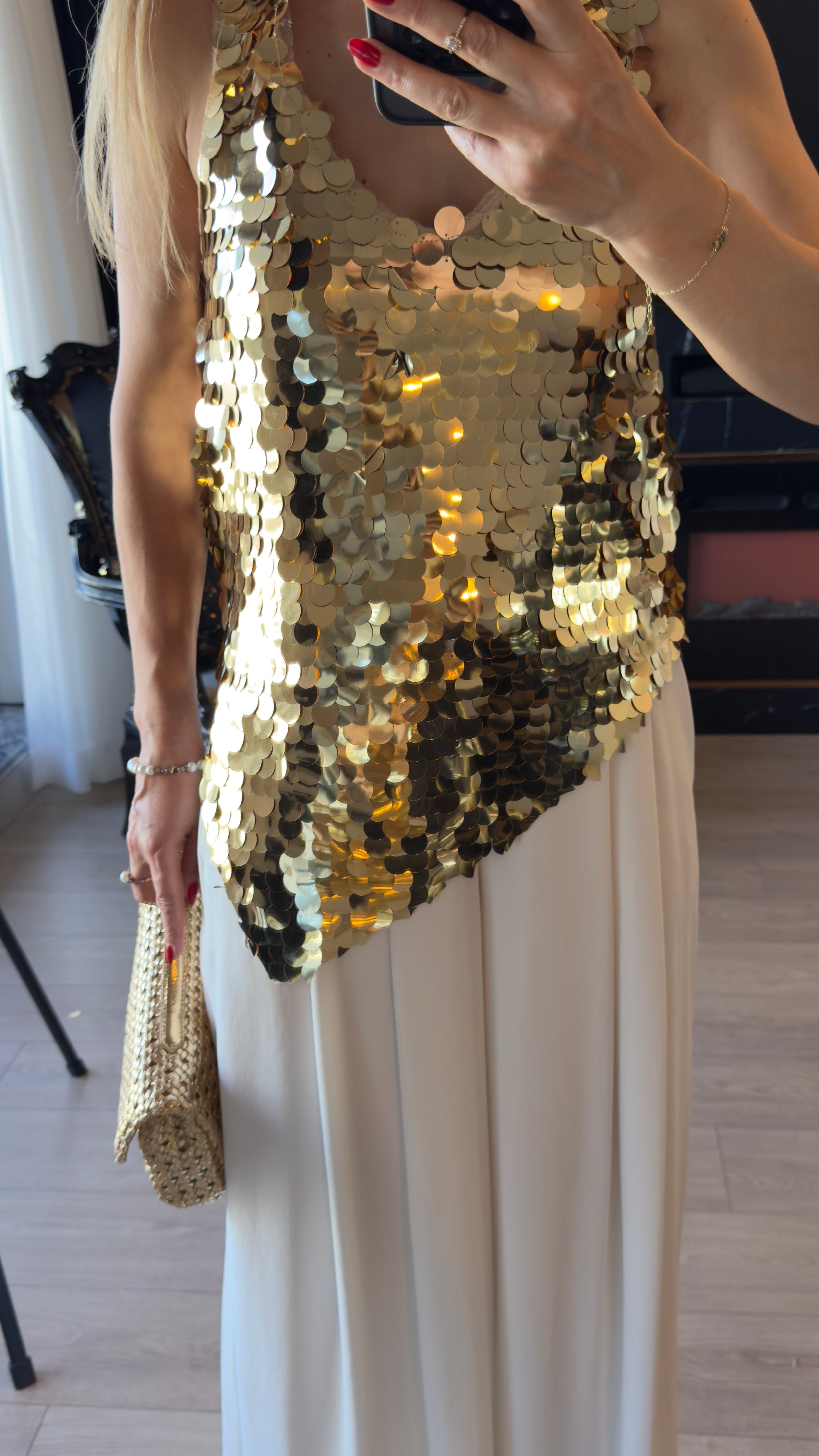 Gold Pul Payet Asimetrik Kesim Bluz