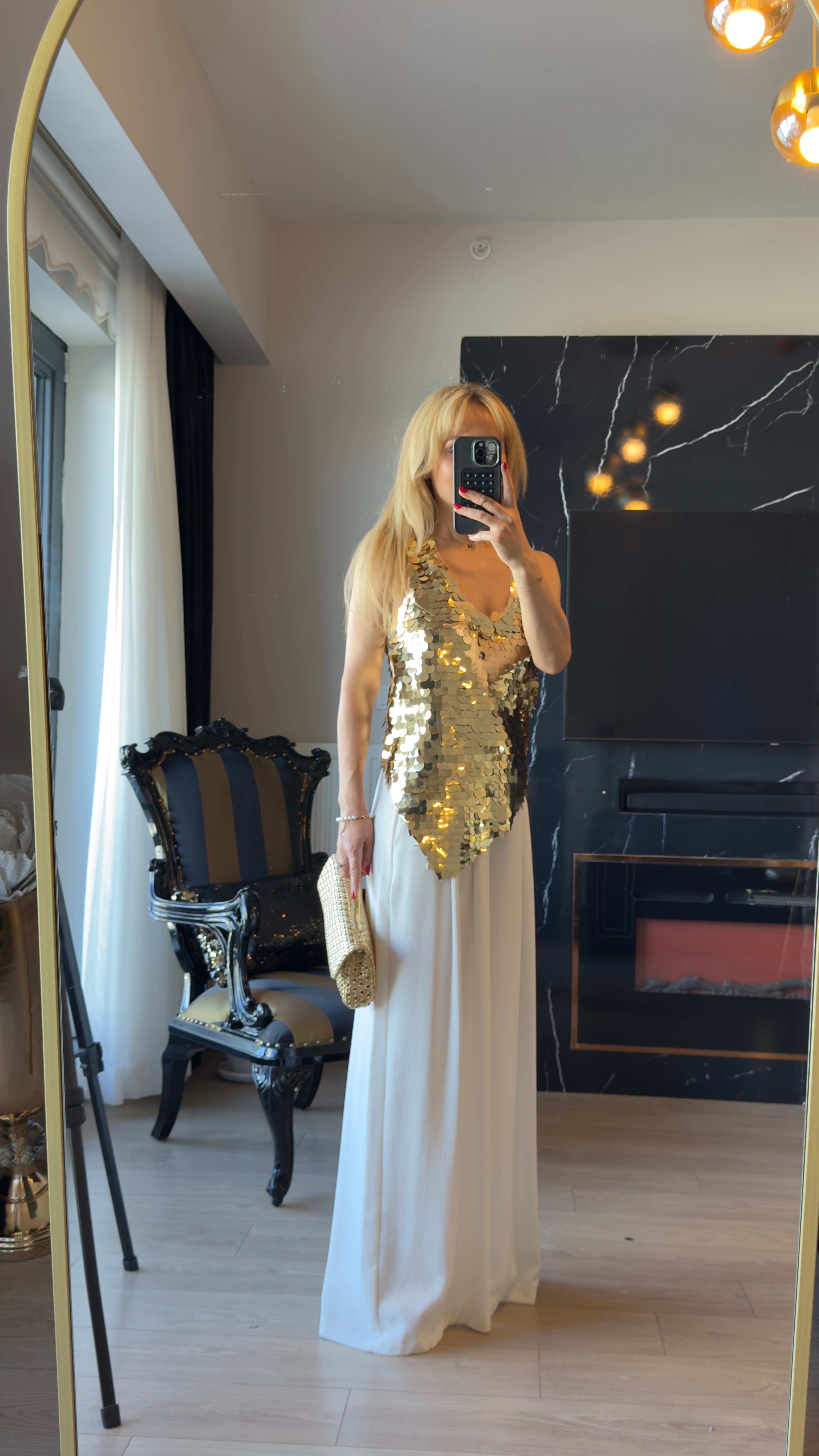 Gold Pul Payet Asimetrik Kesim Bluz