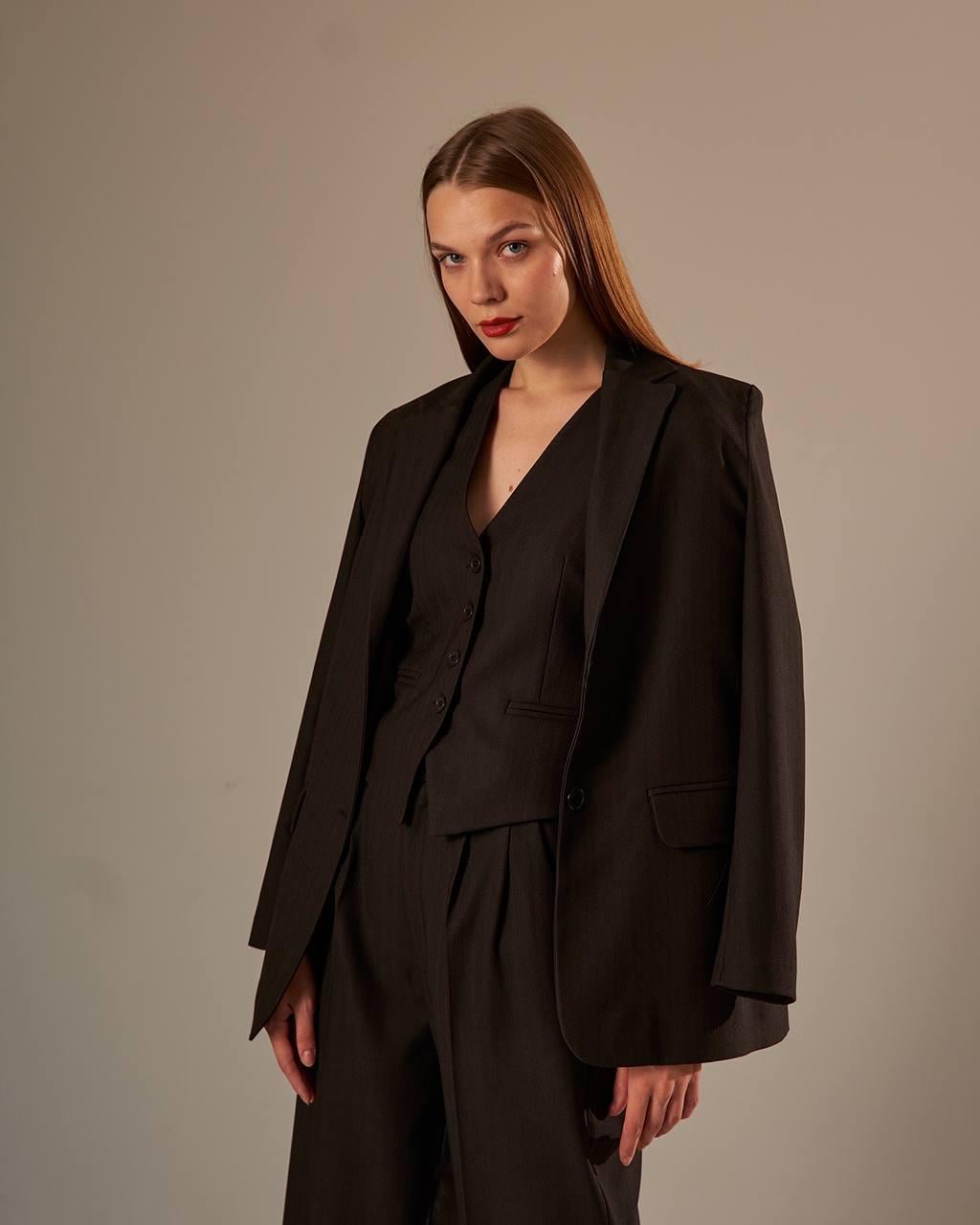 KAHVERENGİ İNCE ÇİZGİLİ BLAZER CEKET