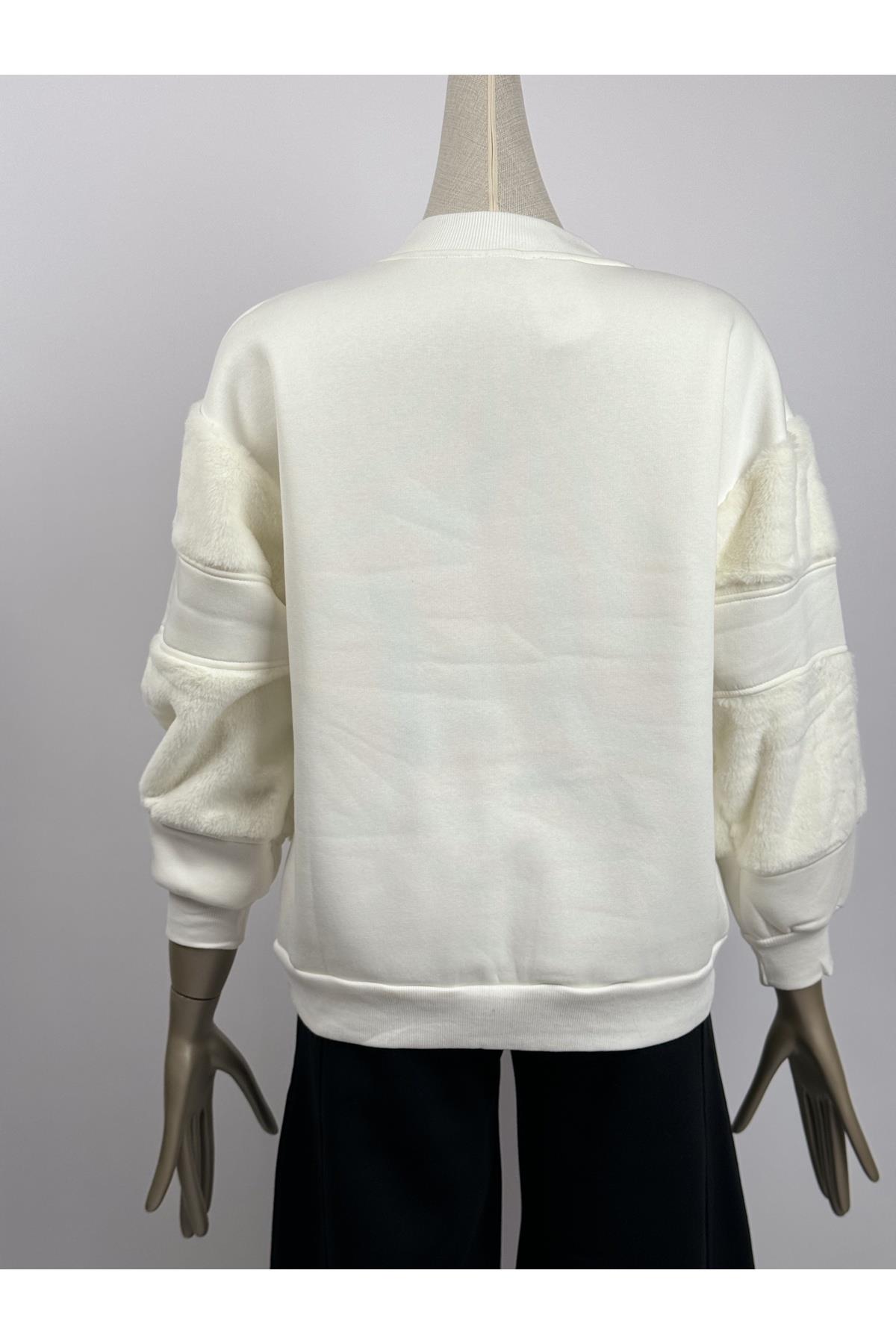 Kolları Peluş Detaylı Şardonlu Ekru Sweatshirt