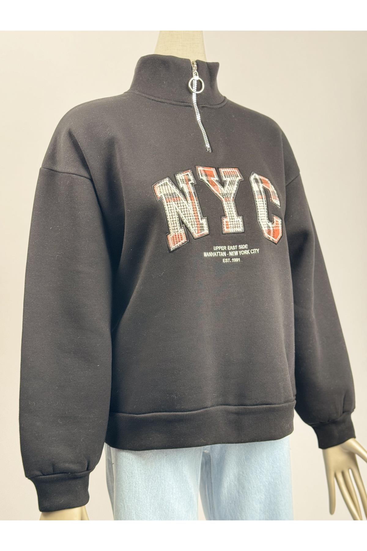 NYC Nakışlı Üç İplik Dokuma Şardonlu Siyah Sweatshirt