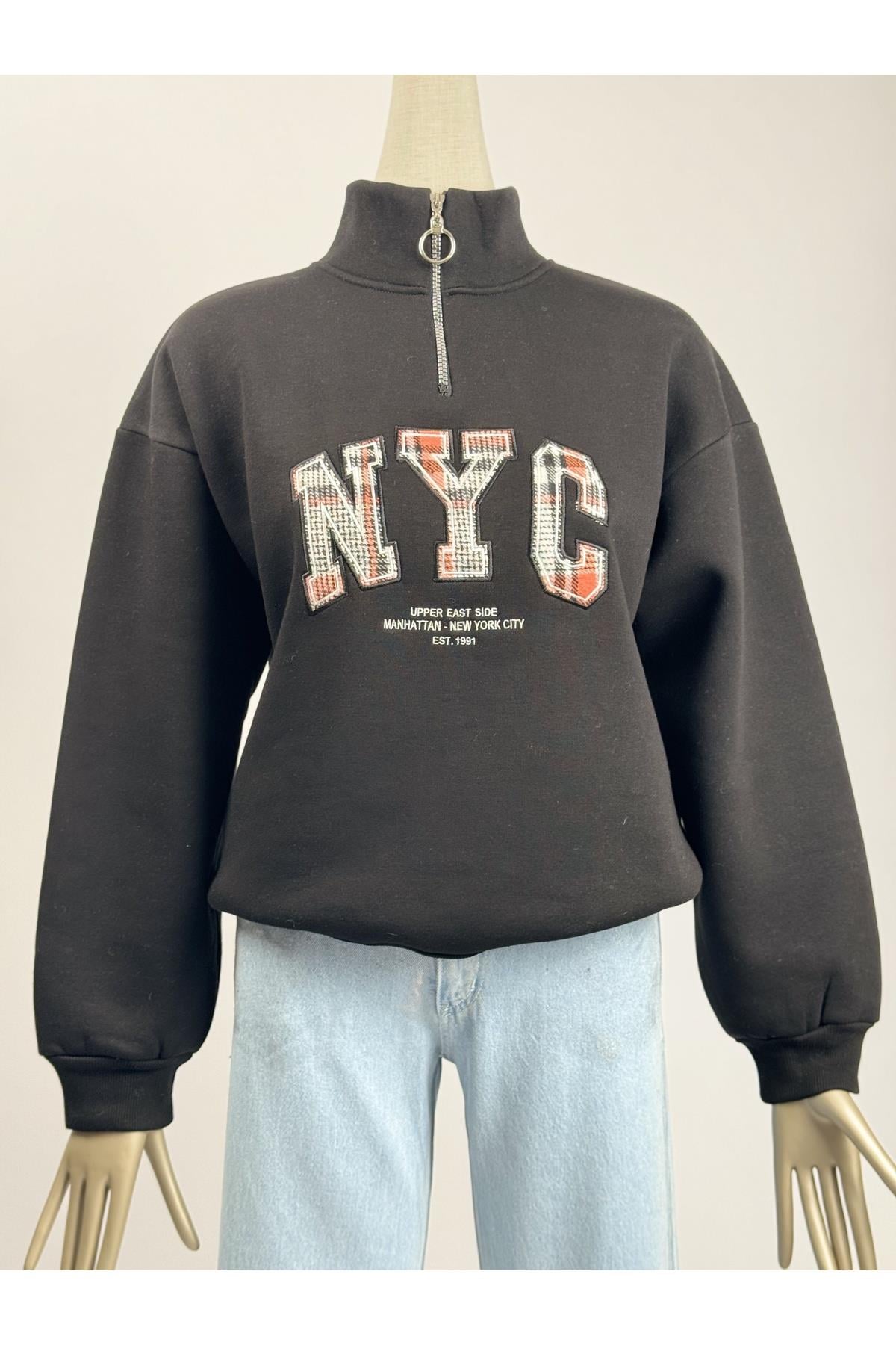 NYC Nakışlı Üç İplik Dokuma Şardonlu Siyah Sweatshirt