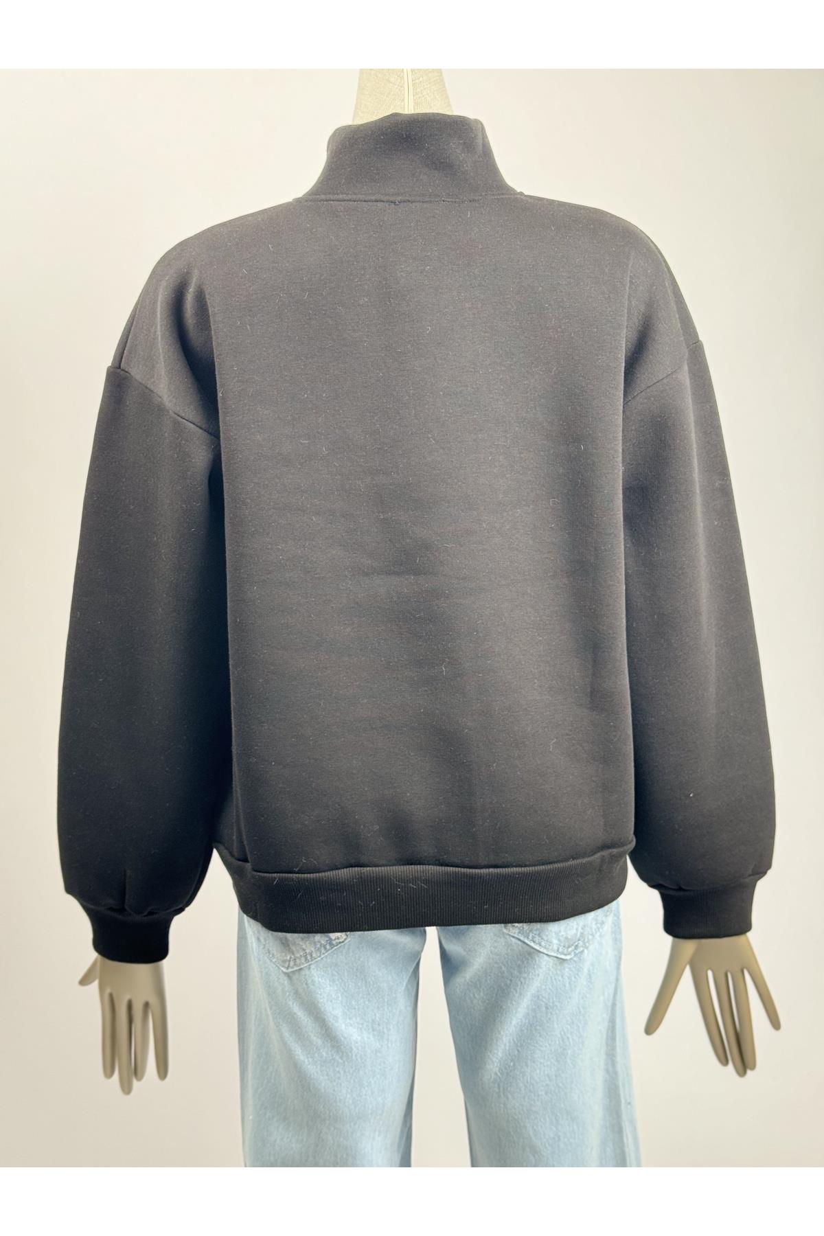 NYC Nakışlı Üç İplik Dokuma Şardonlu Siyah Sweatshirt