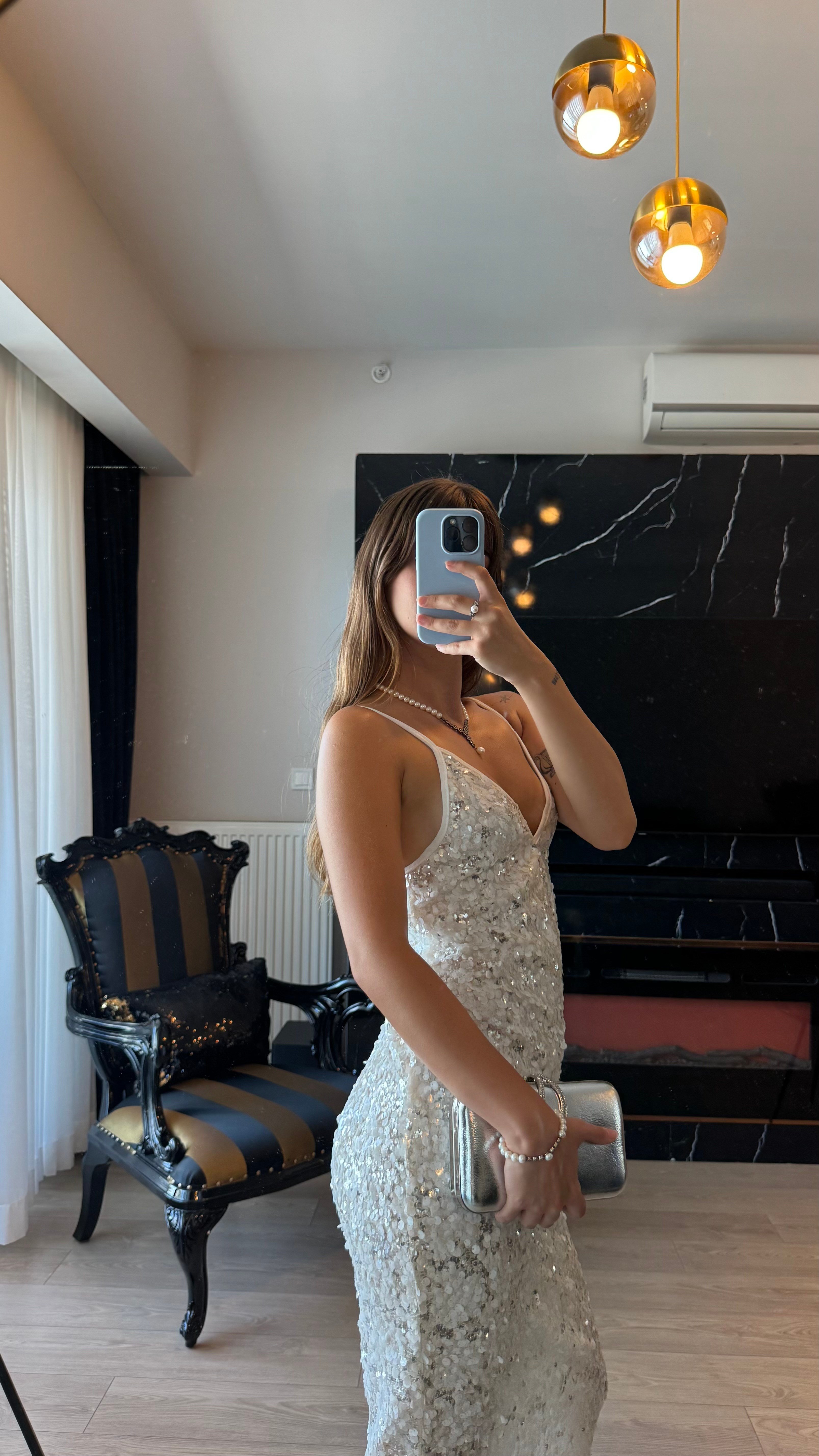 Payetli Maxi Boy Askılı Elbise
