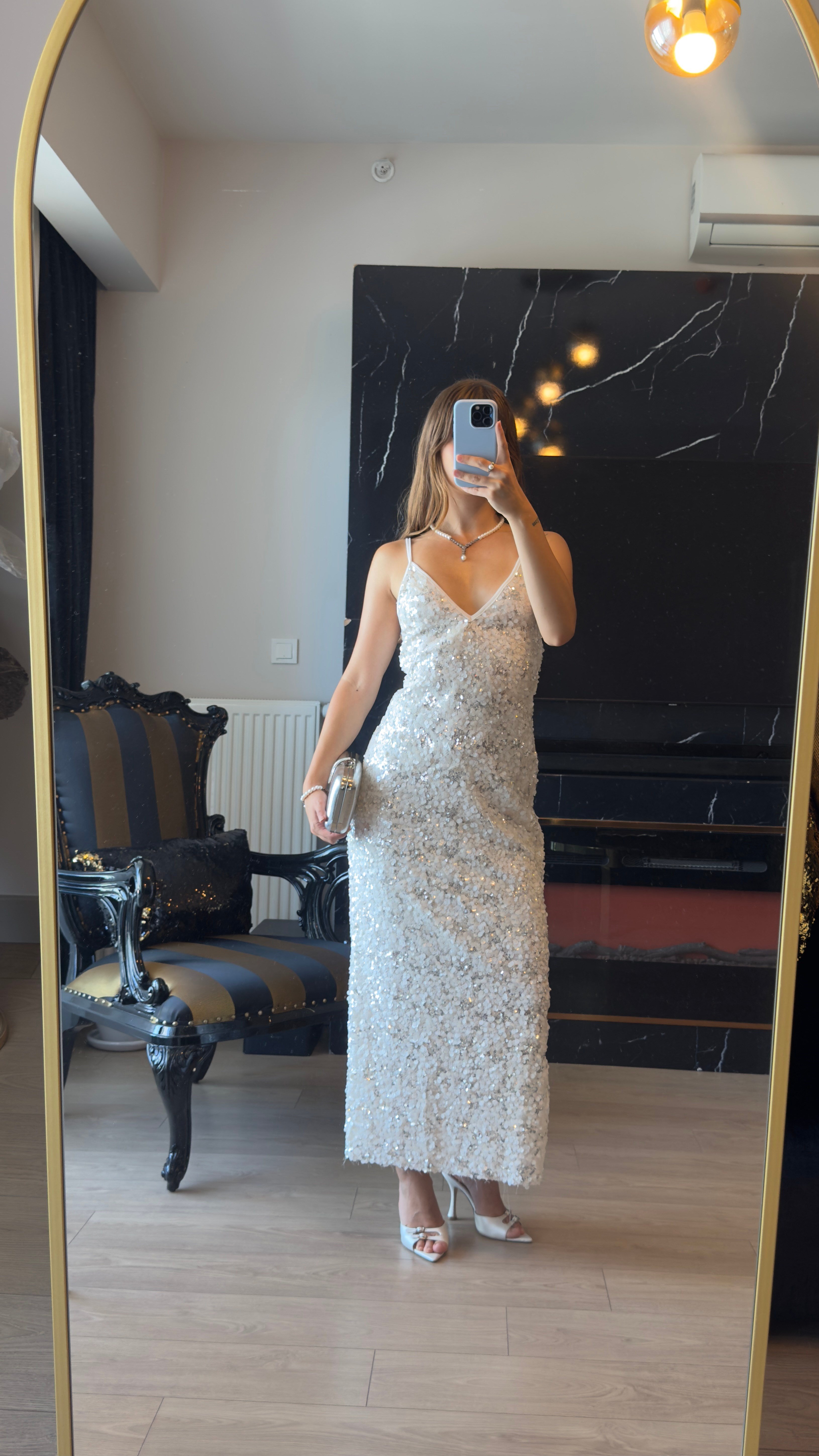 Payetli Maxi Boy Askılı Elbise