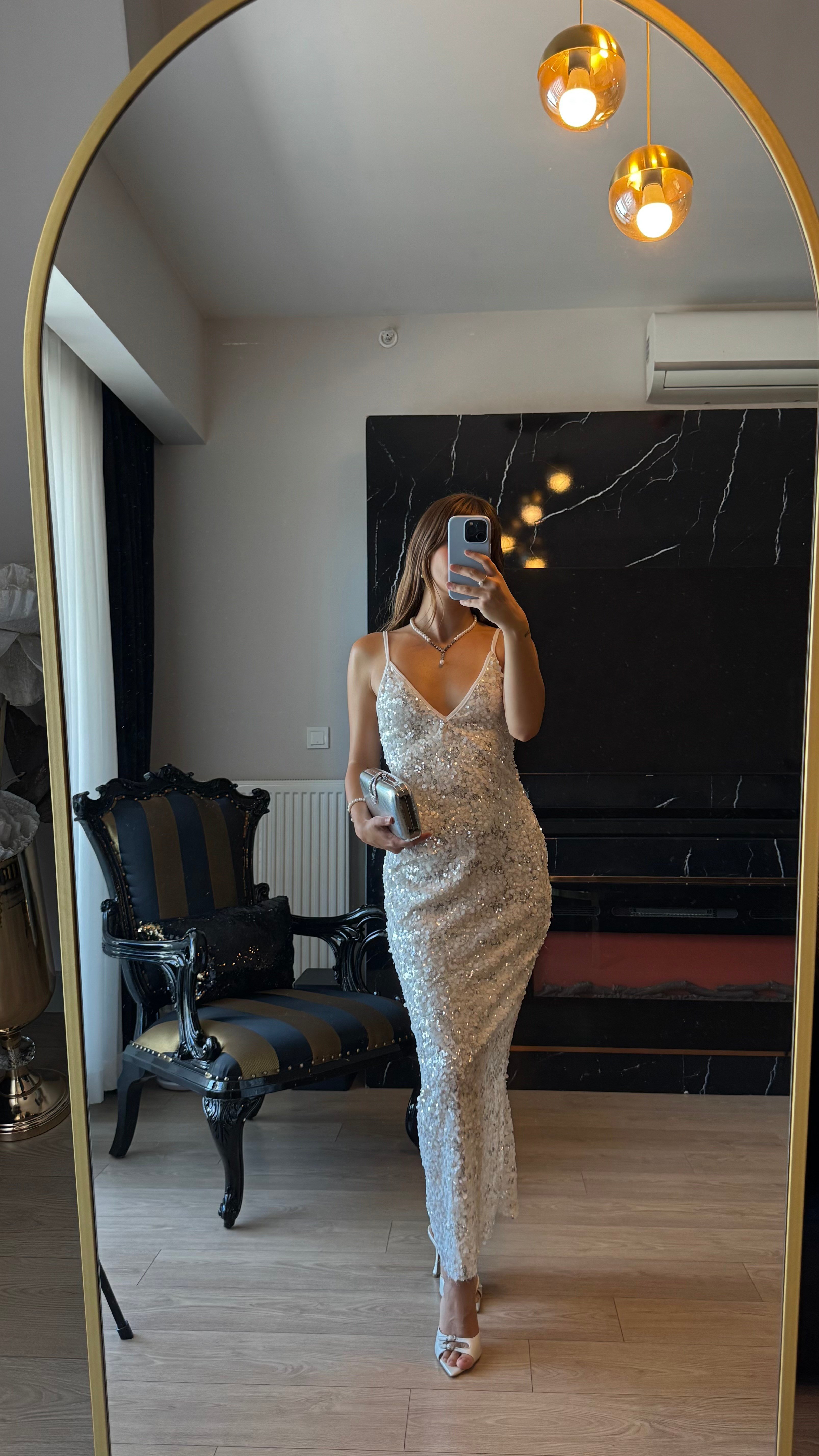 Payetli Maxi Boy Askılı Elbise