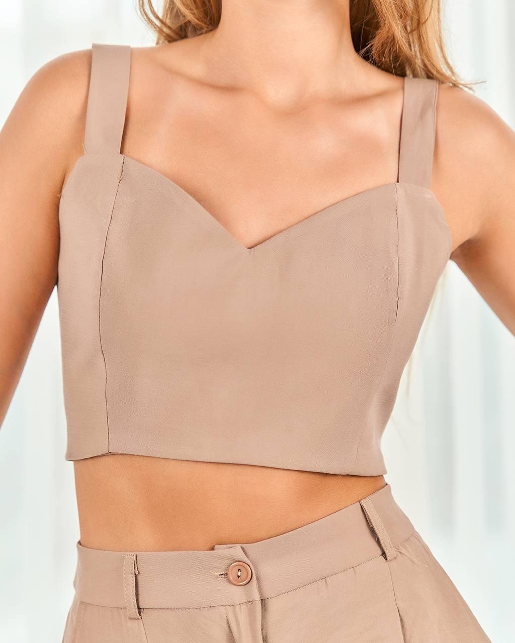 Premium Kalite Bej Askılı Crop Top Bluz