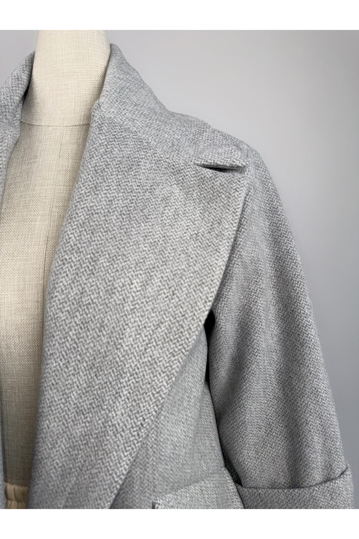 Premium Kalite Gri Düğmeli Kruvaze Oversize Kaşe Kaban