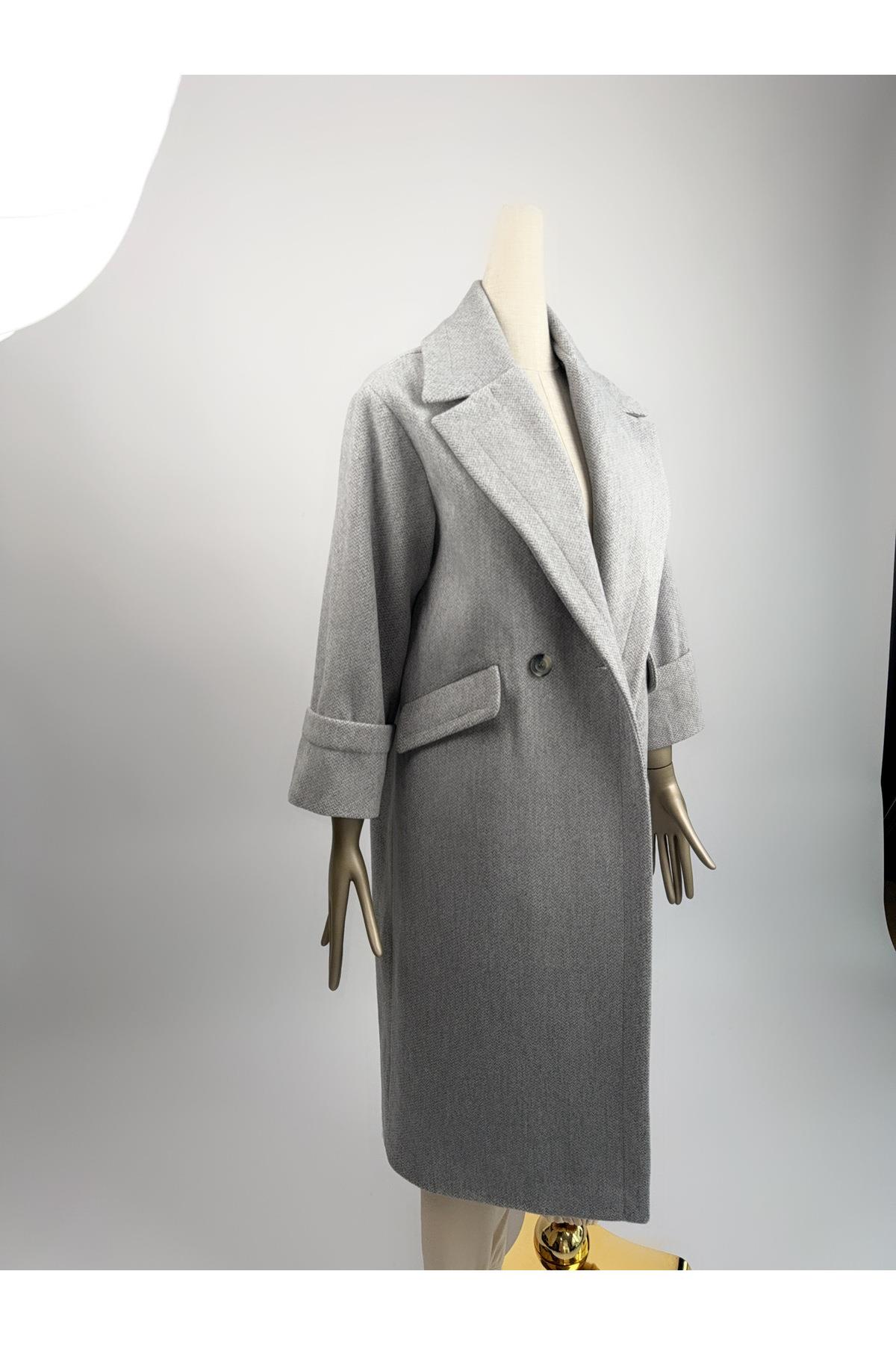 Premium Kalite Gri Düğmeli Kruvaze Oversize Kaşe Kaban
