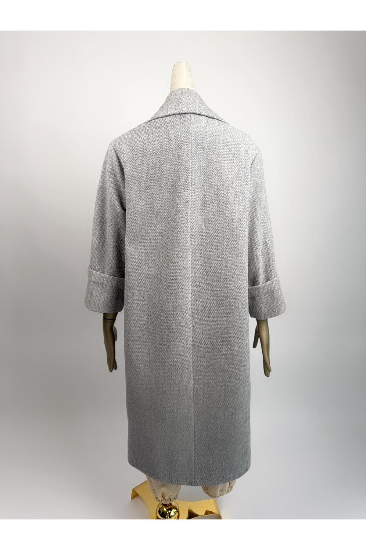 Premium Kalite Gri Düğmeli Kruvaze Oversize Kaşe Kaban