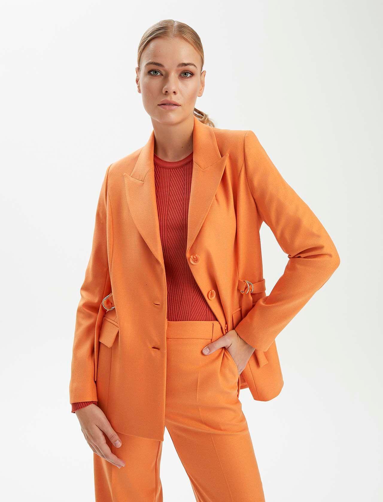 Premium Seri Burnt Orange Kemerli Toka Detaylı Cepli Ceket