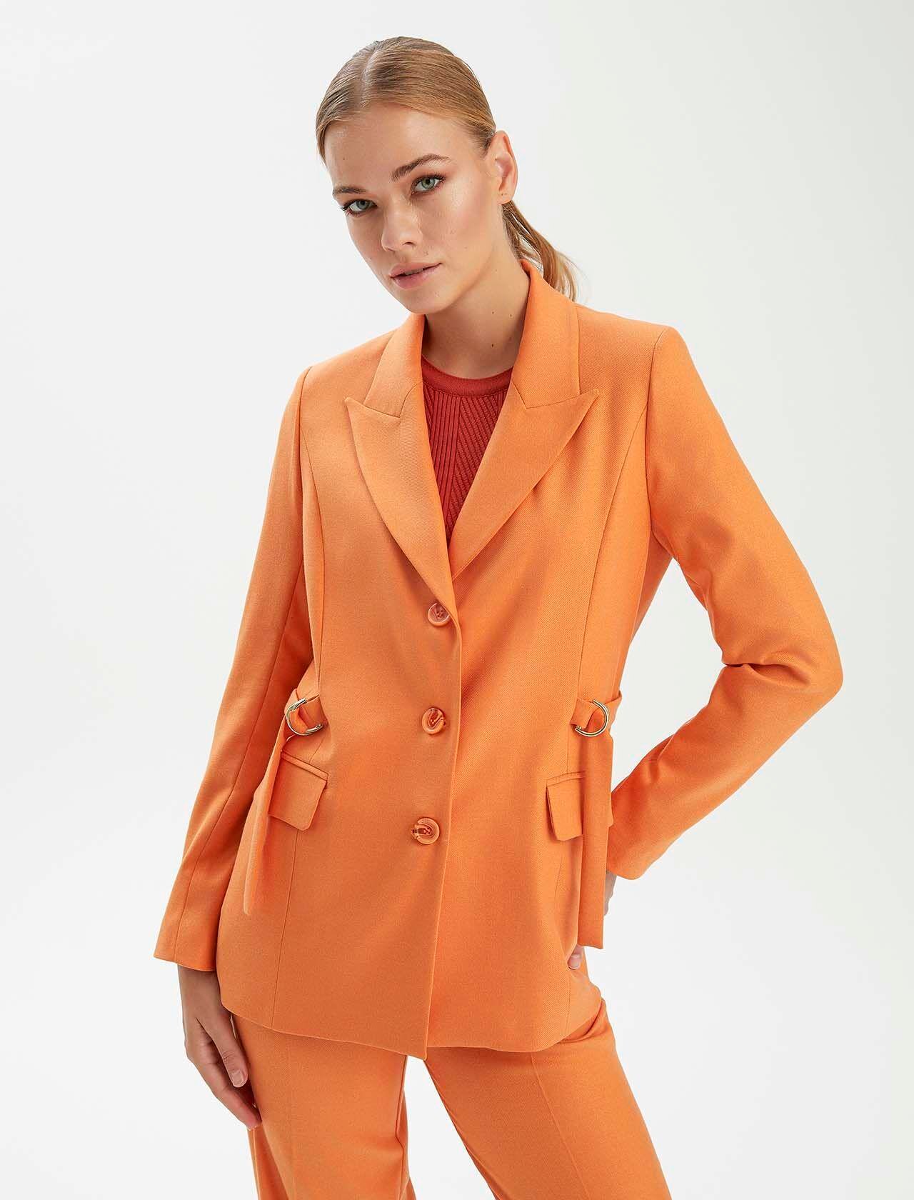 Premium Seri Burnt Orange Kemerli Toka Detaylı Cepli Ceket