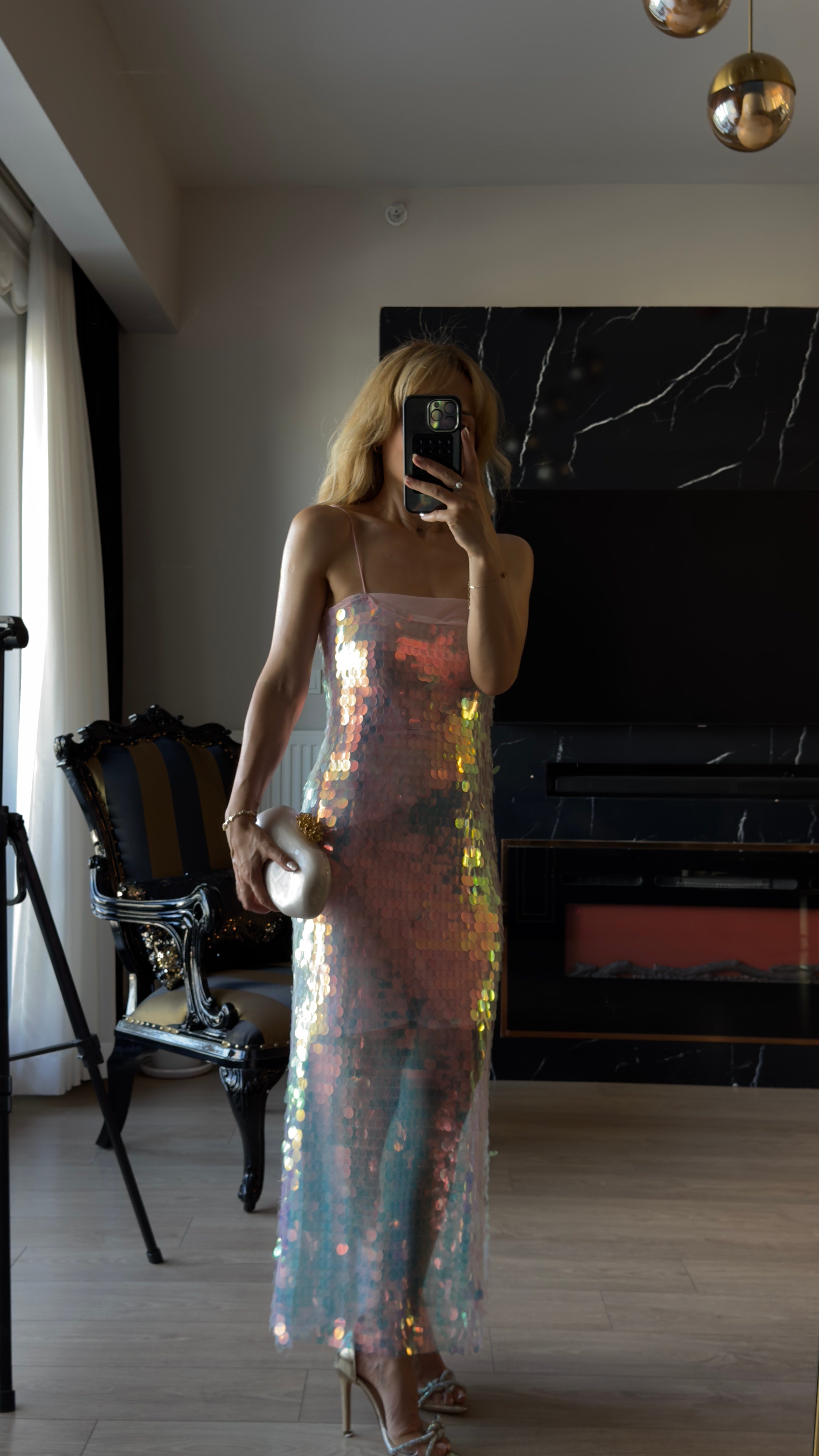 Pul Payet Midi Elbise Açık Pembe