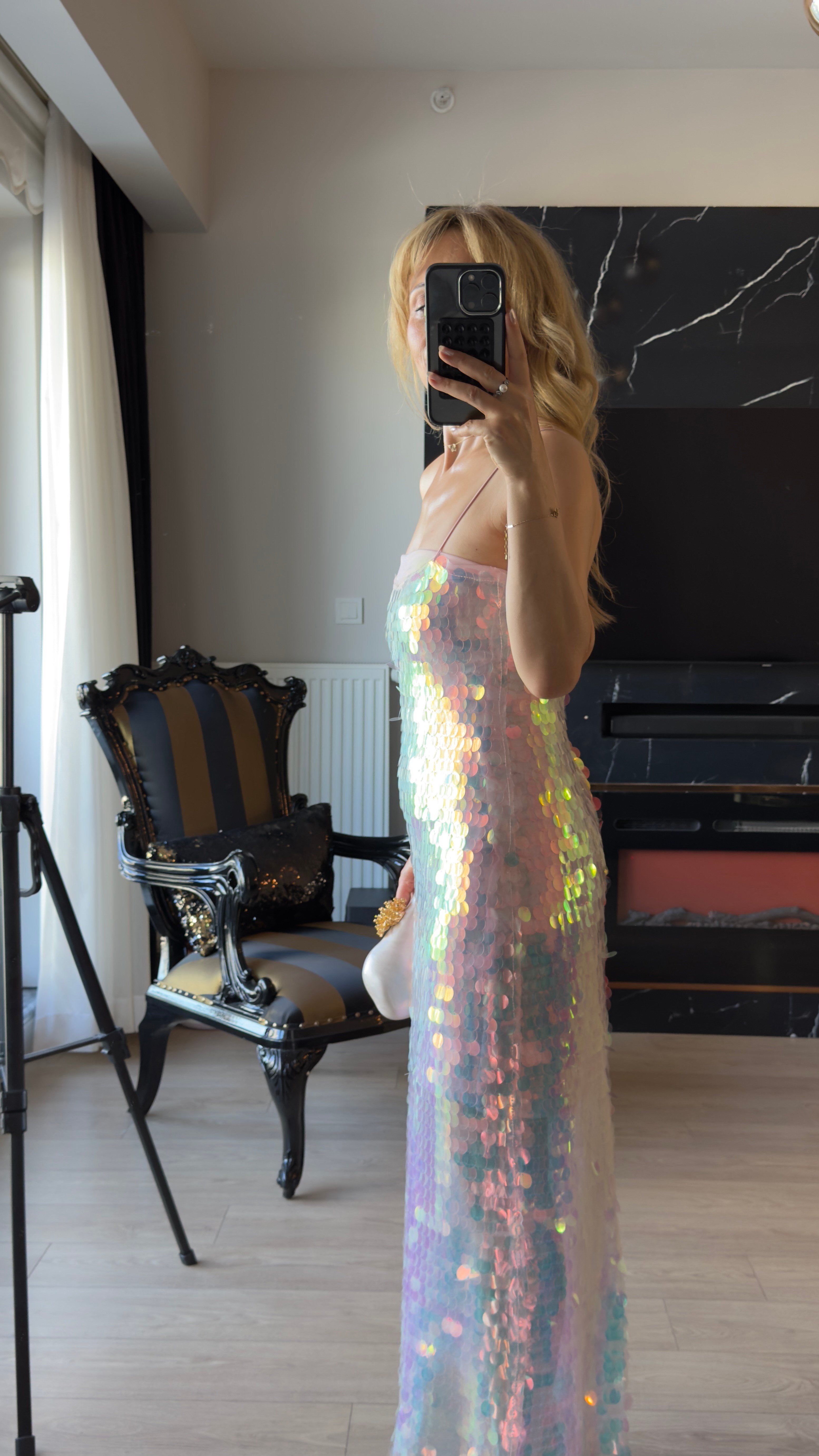 Pul Payet Midi Elbise Açık Pembe