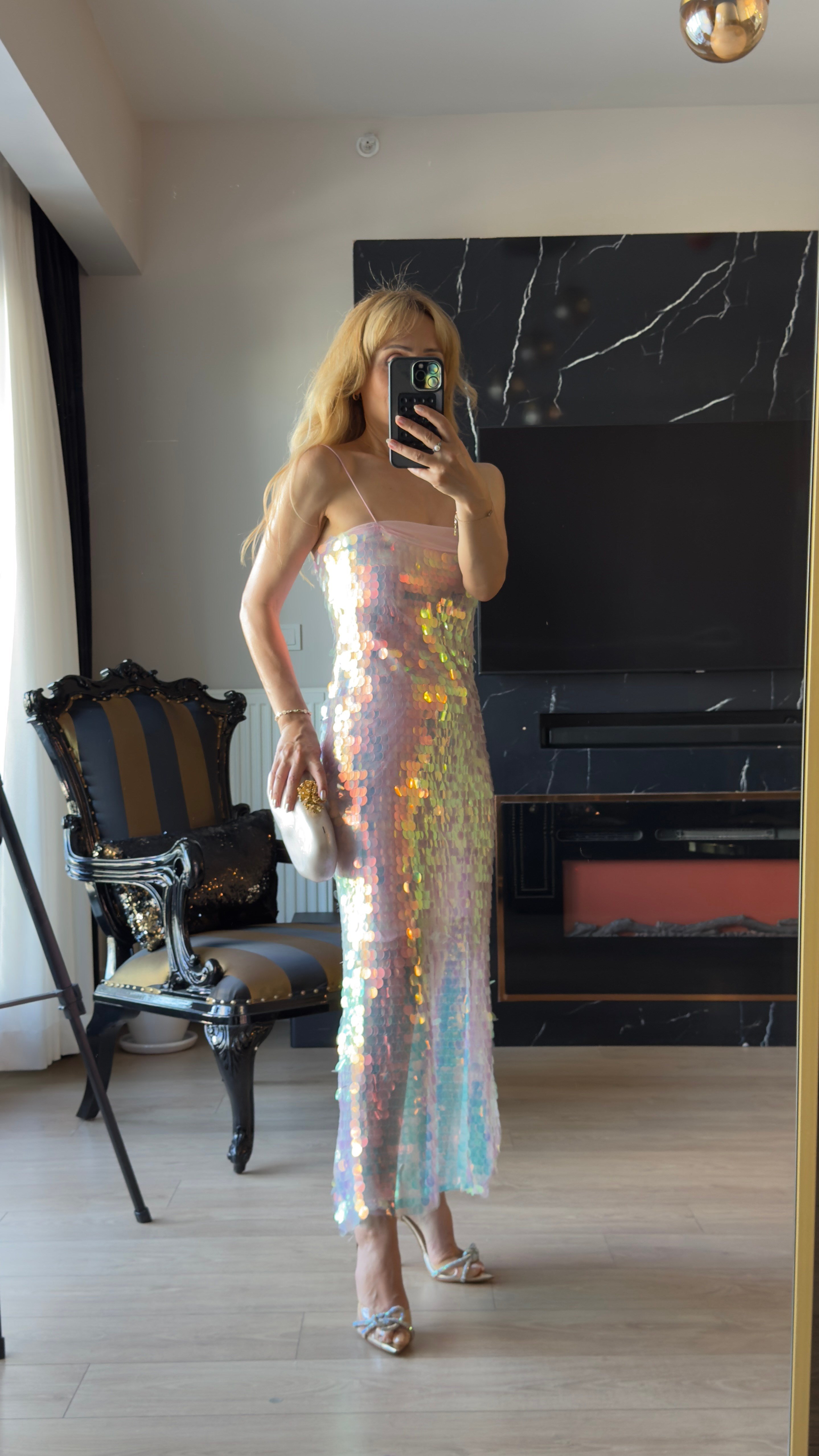 Pul Payet Midi Elbise Açık Pembe