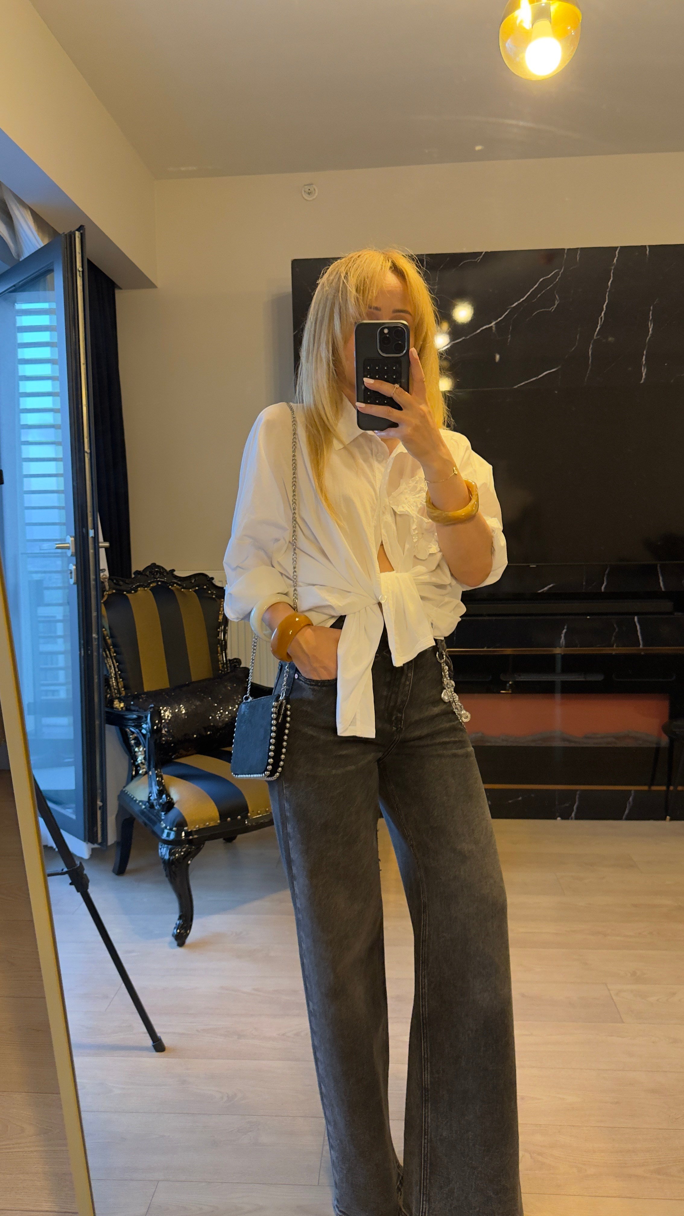Siyah Aksesuarlı Yüksek Bel Wide Leg Jean