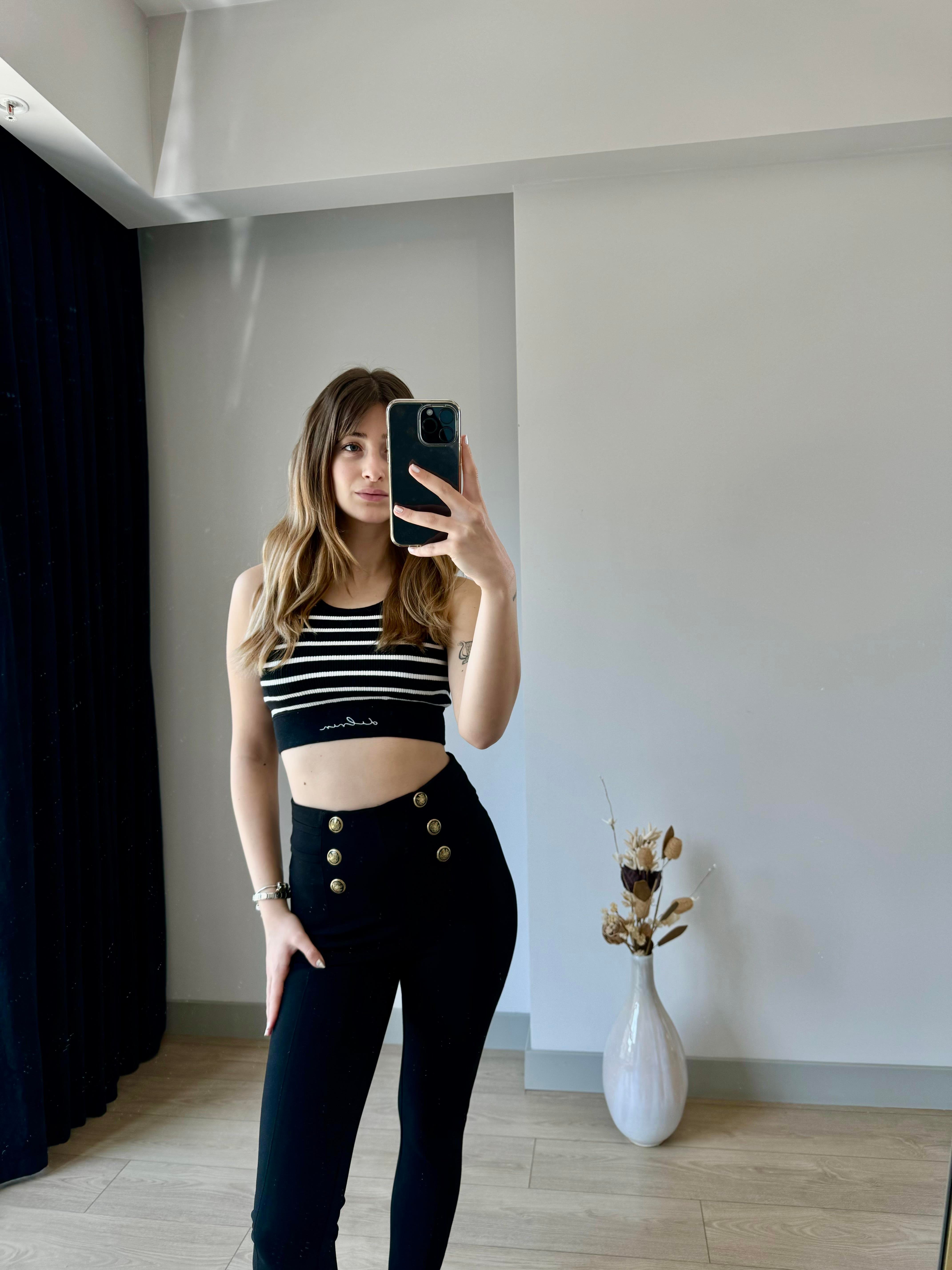 SİYAH EKRU ÇİZGİLİ FİTİLLİ CROP
