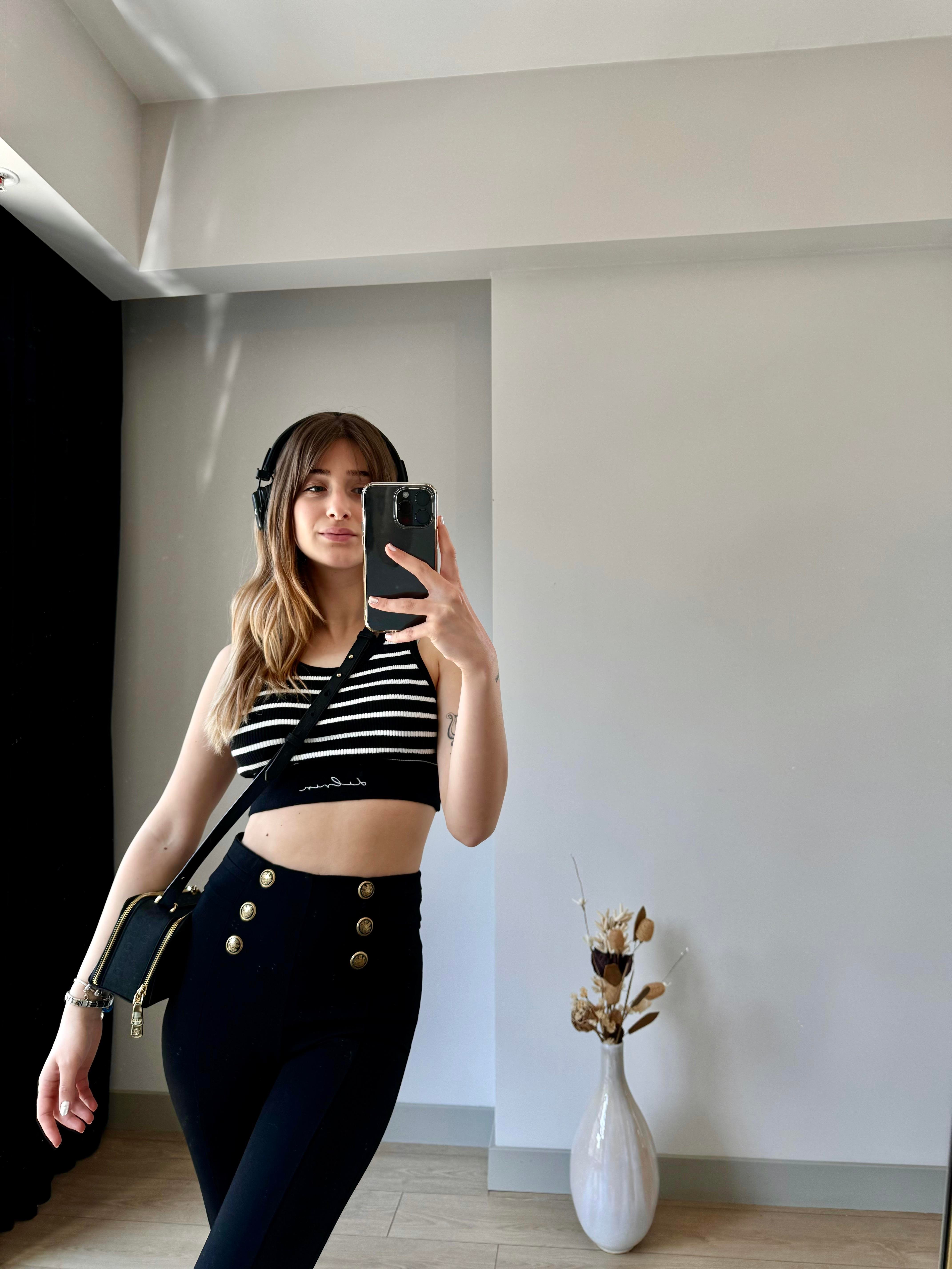SİYAH EKRU ÇİZGİLİ FİTİLLİ CROP