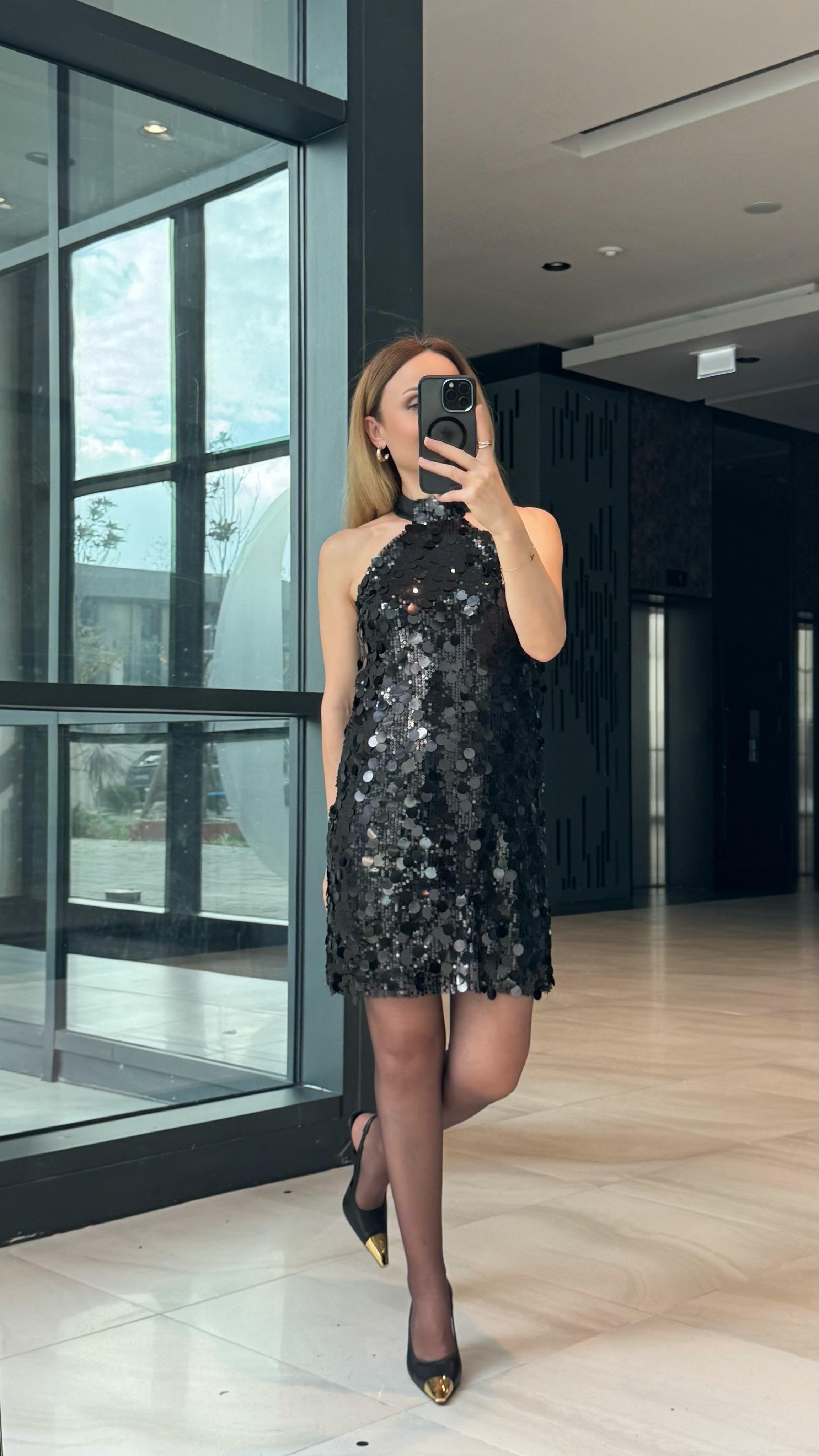Siyah Pullu Payet Mini Elbise