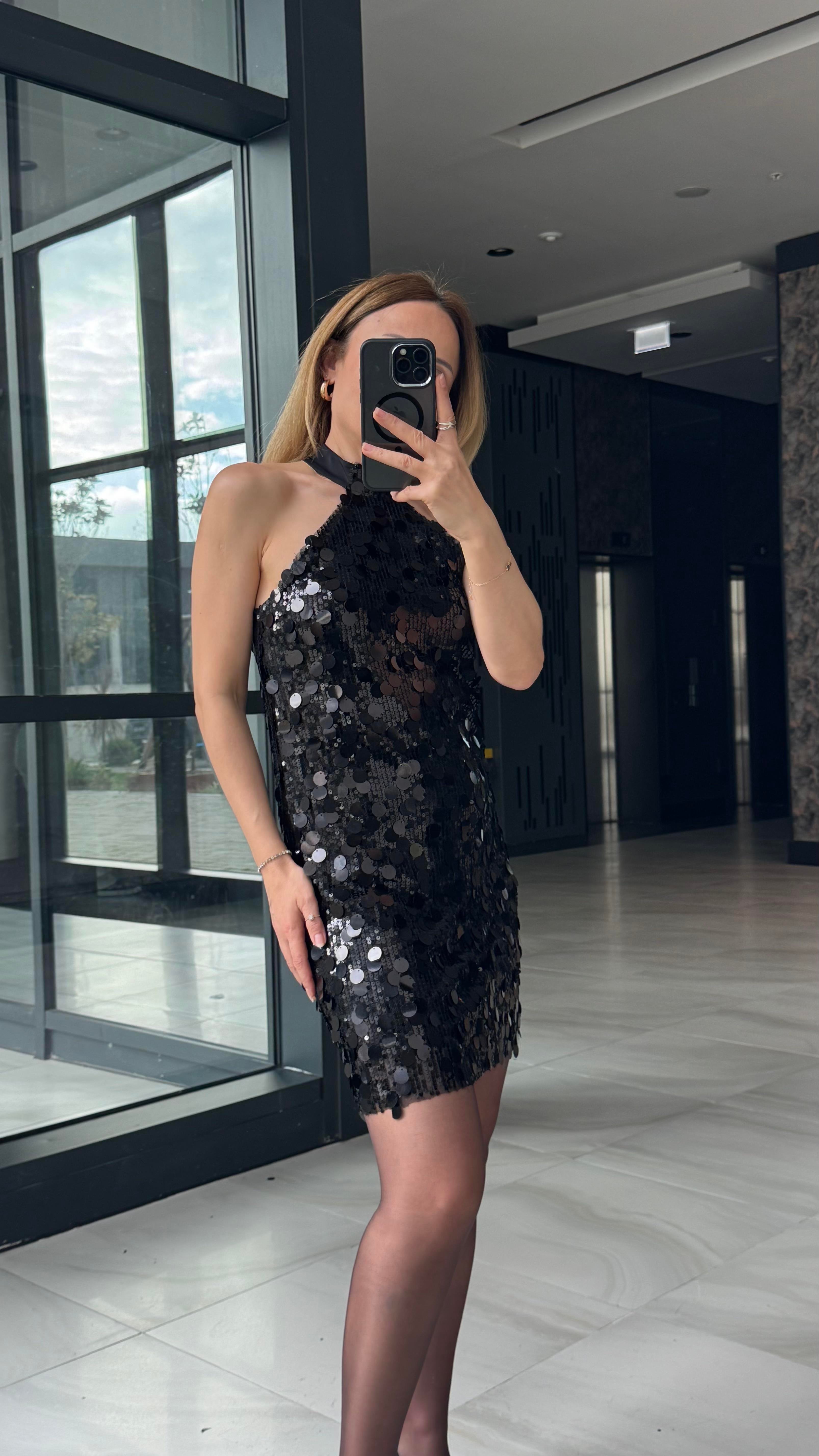 Siyah Pullu Payet Mini Elbise