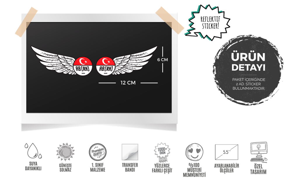 BT27 Reflektif Kanat Desenli AB Rh Negatif (-) Kan Grubu Etiket Seti