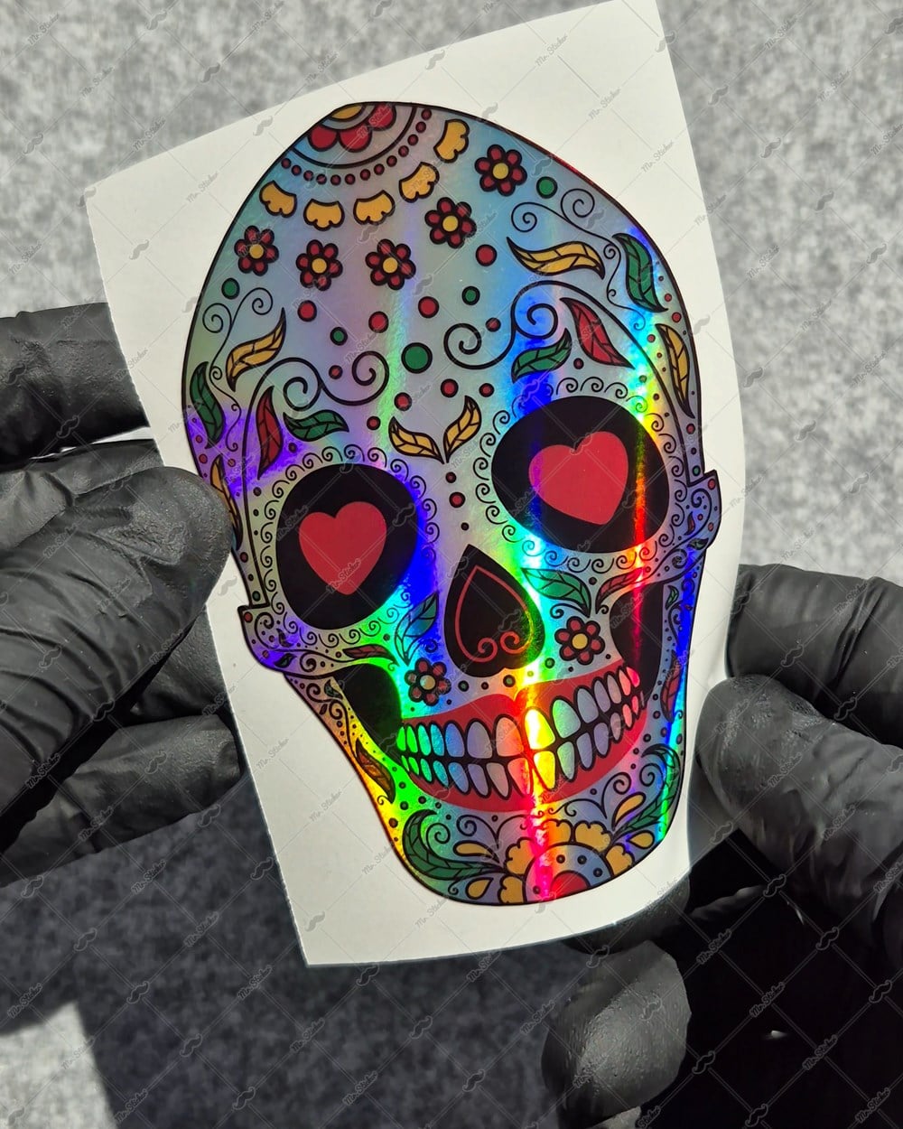 HLG129 Hologram Kalp Gozlu Sugar Skull Kurukafa Etiketi