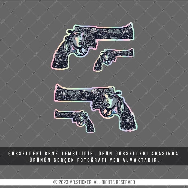 HLG82 Hologram Gangsta Motifli Pistol Etiketi Simetrik Dörtlü Set
