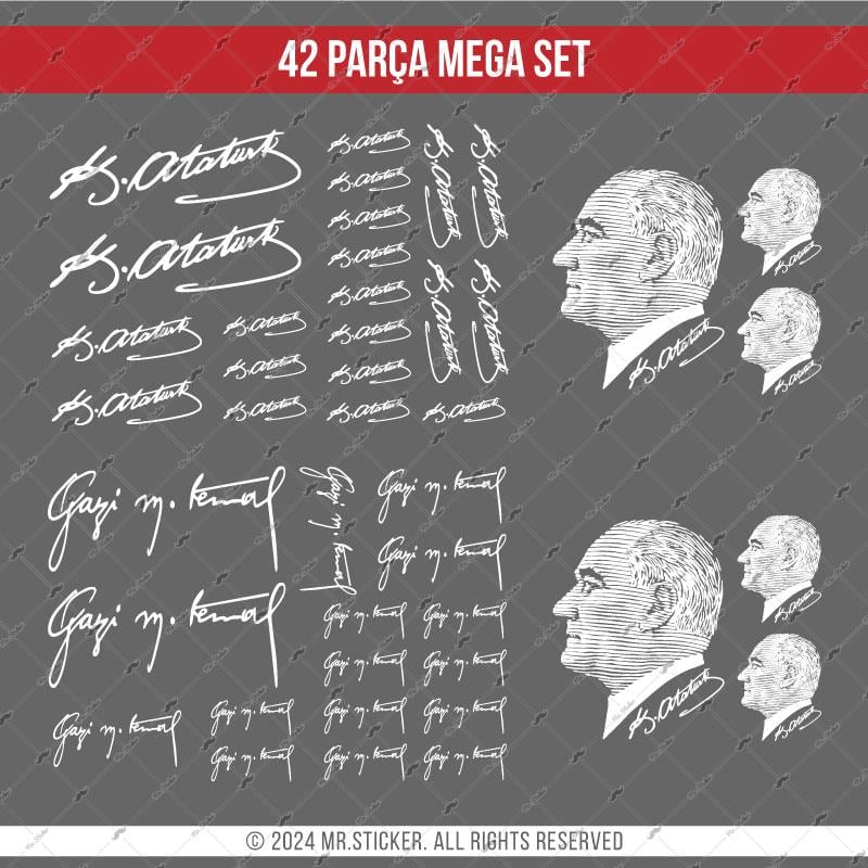 MKA17 Beyaz Renk 42 Parça Atatürk İmza ve Silüet Seti