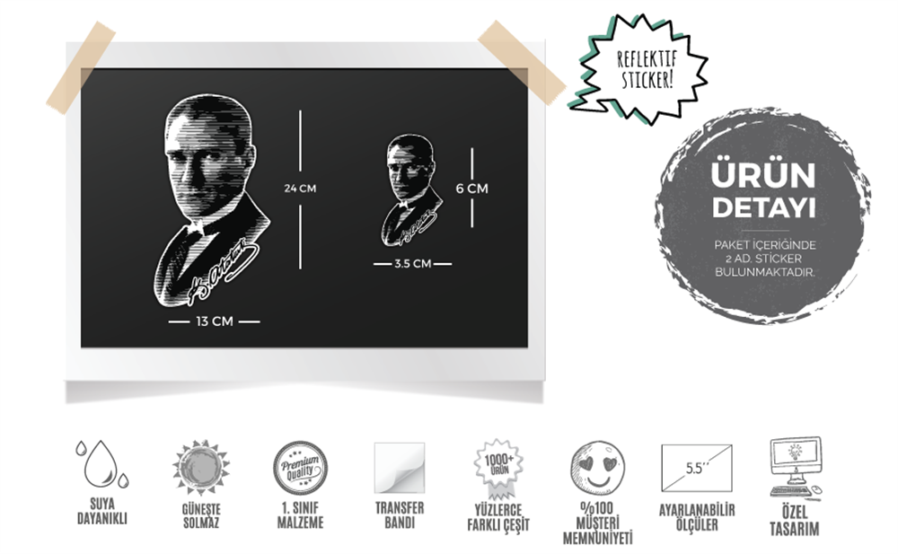 RFHLM107 Ozel Seri - Cizgi Calismali Reflektif Ataturk Etiketi - Buyuk Boy