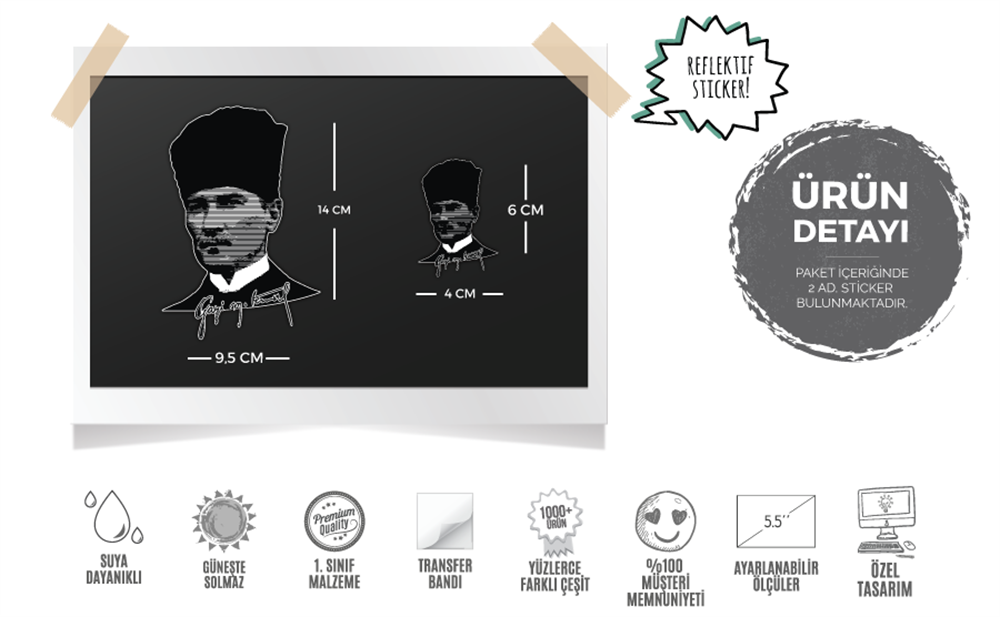 RFHLM109 Ozel Seri - Reflektif Cizgi Calismali Gazi Mustafa Kemal Etiketi - Orta Boy-Kucuk Boy Set