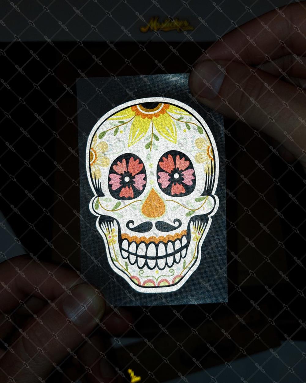RFHLM16 Reflektif Sugarskull Meksikali Kurukafa Etiketi