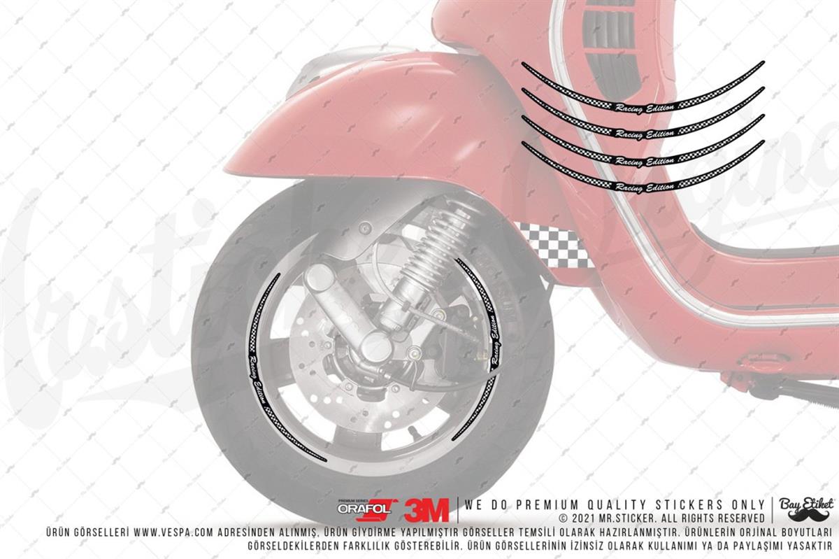 RFHLM230 OZEL SERI Vespa Uyumlu Reflektif Racing Edition Yazili Jant Etiketi- kili Set