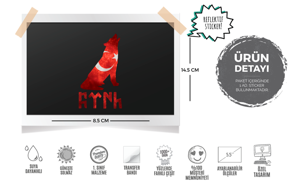 RFHLM78 Reflektif Uluyan Kurt Etiketi Gokturkce Turk Yazisi Ile