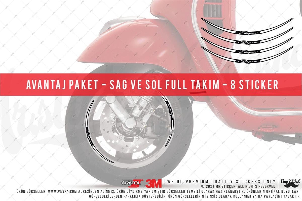 RFHLMBDL14 Avantaj Set Vespa Uyumlu Reflektif Super Yazili Jant Etiketi - Beyaz Renk
