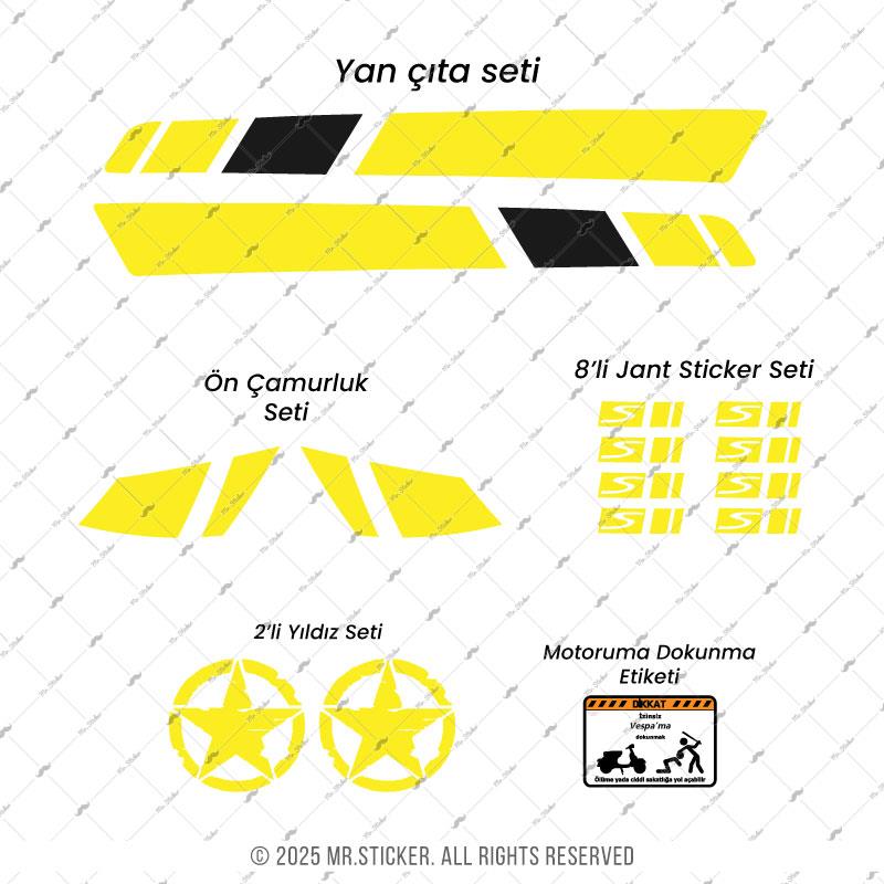 STS10 Sarı Siyah Vespa GTS250 GTS300 Uyumlu Yan Çıta Sticker Seti