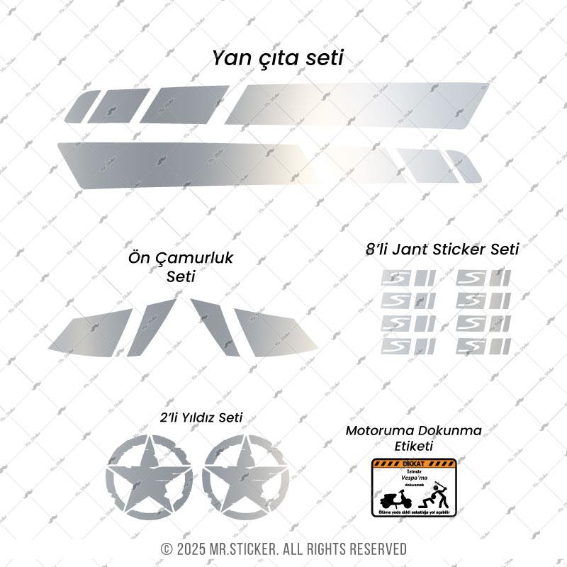 STS11 Parlak Krom Renk Vespa GTS250 GTS300 Yan Cita Sticker Seti