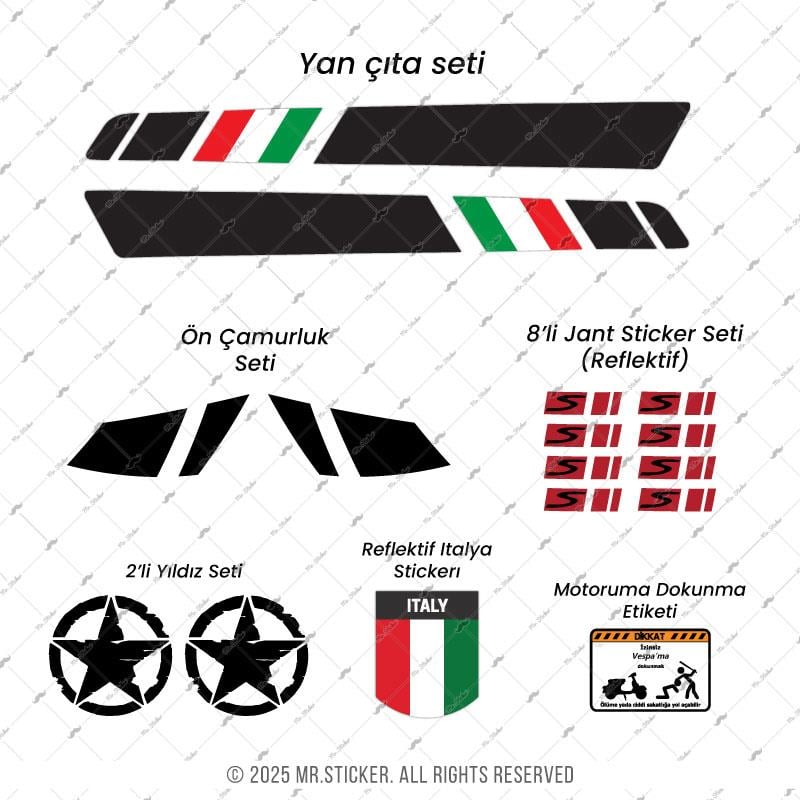 STS17 Italy Ozel Seri - Vespa Super Sticker Seti GT200 GTS250 GTS300 Yan Cita