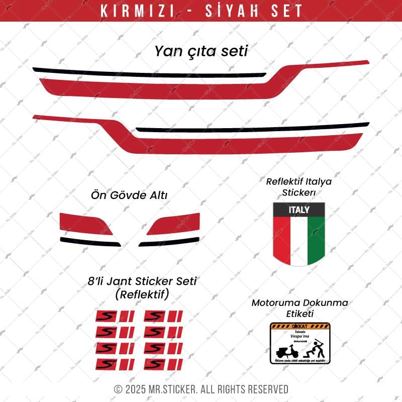 STS45 Vespa GTS 250 GTS 300 Uyumlu Yan Çıta Sticker Seti Renk Seçenekli