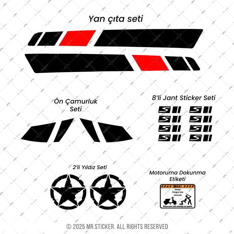 STS6 Siyah Kırmızı Renk Vespa GTS250 GTS300 Uyumlu Yan Çıta Sticker Seti