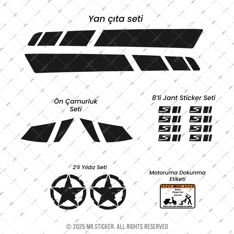 STS8 Siyah Vespa GTS250 GTS300 Uyumlu Yan Çıta Sticker Seti