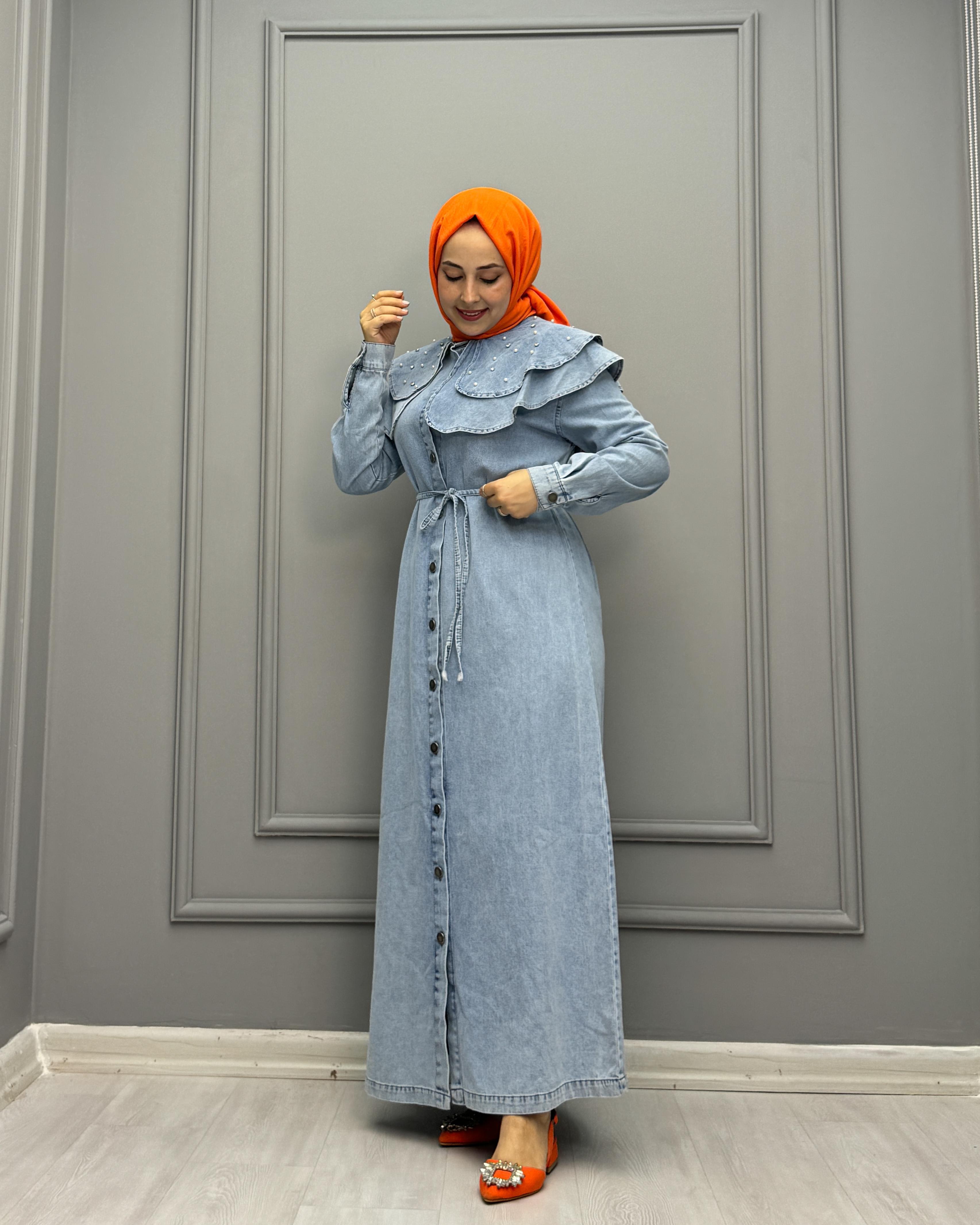 0222-Taşlı Denim Elbise-Açık Mavi