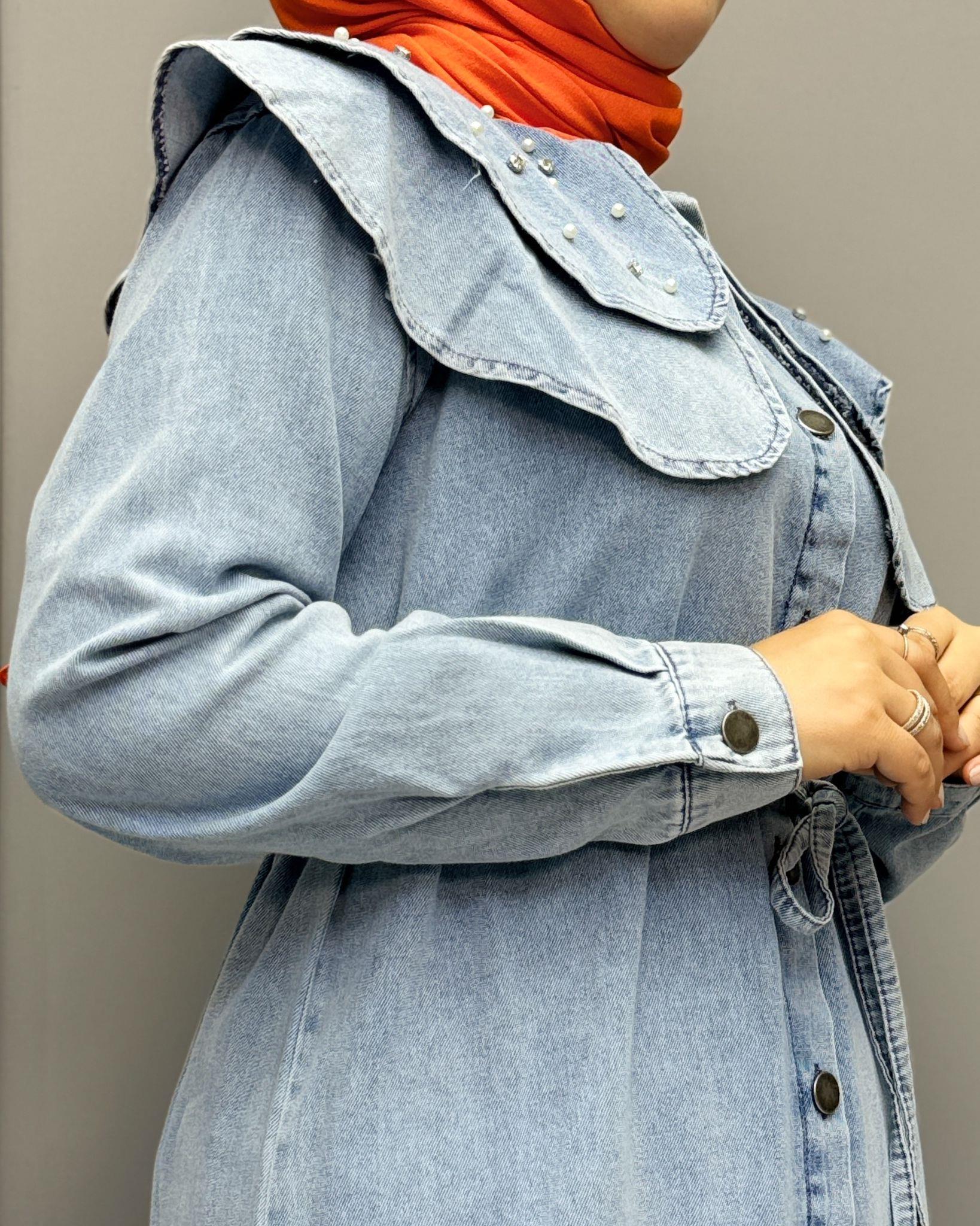 0222-Taşlı Denim Elbise-Açık Mavi