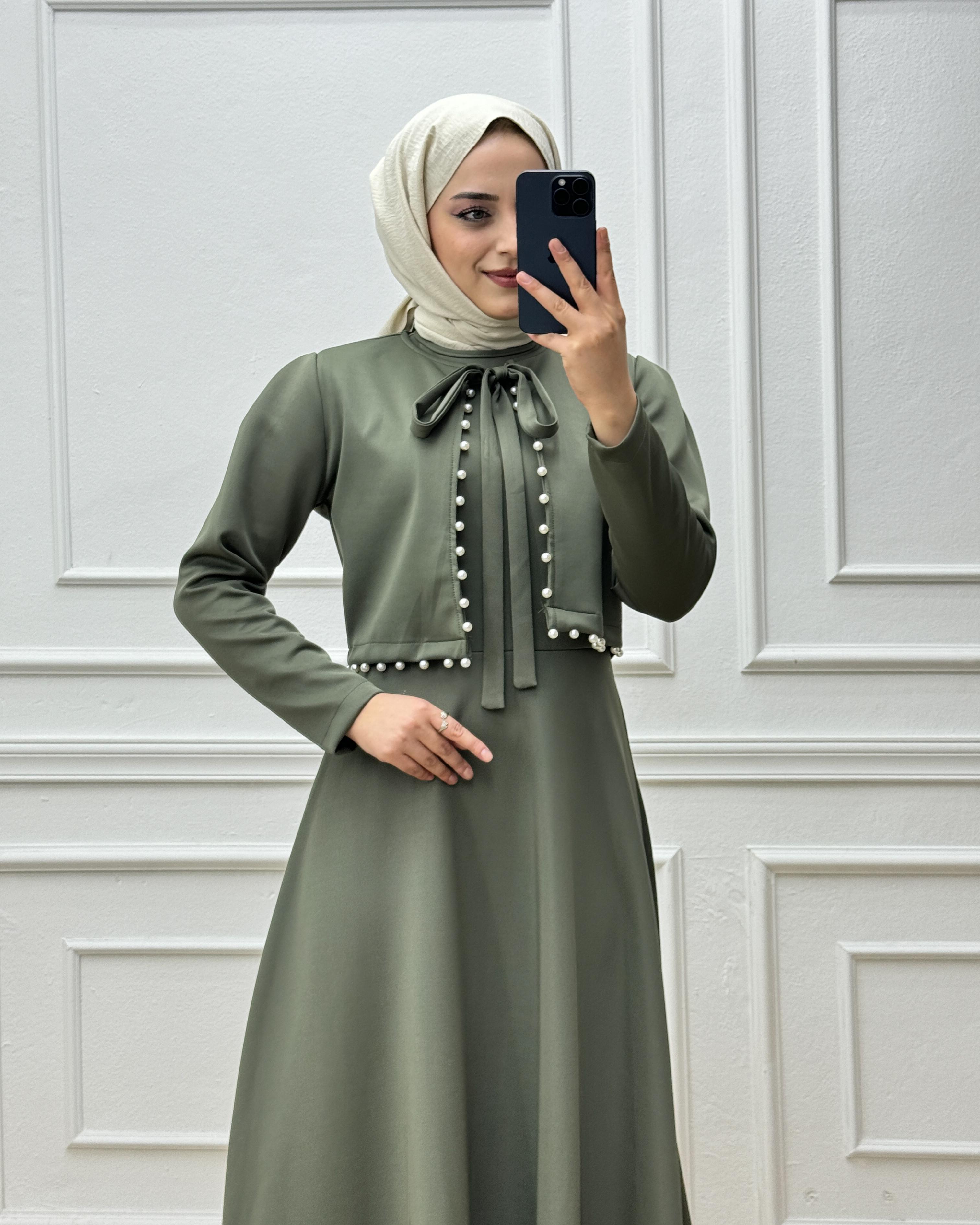 0886-İncili Elbise-Haki