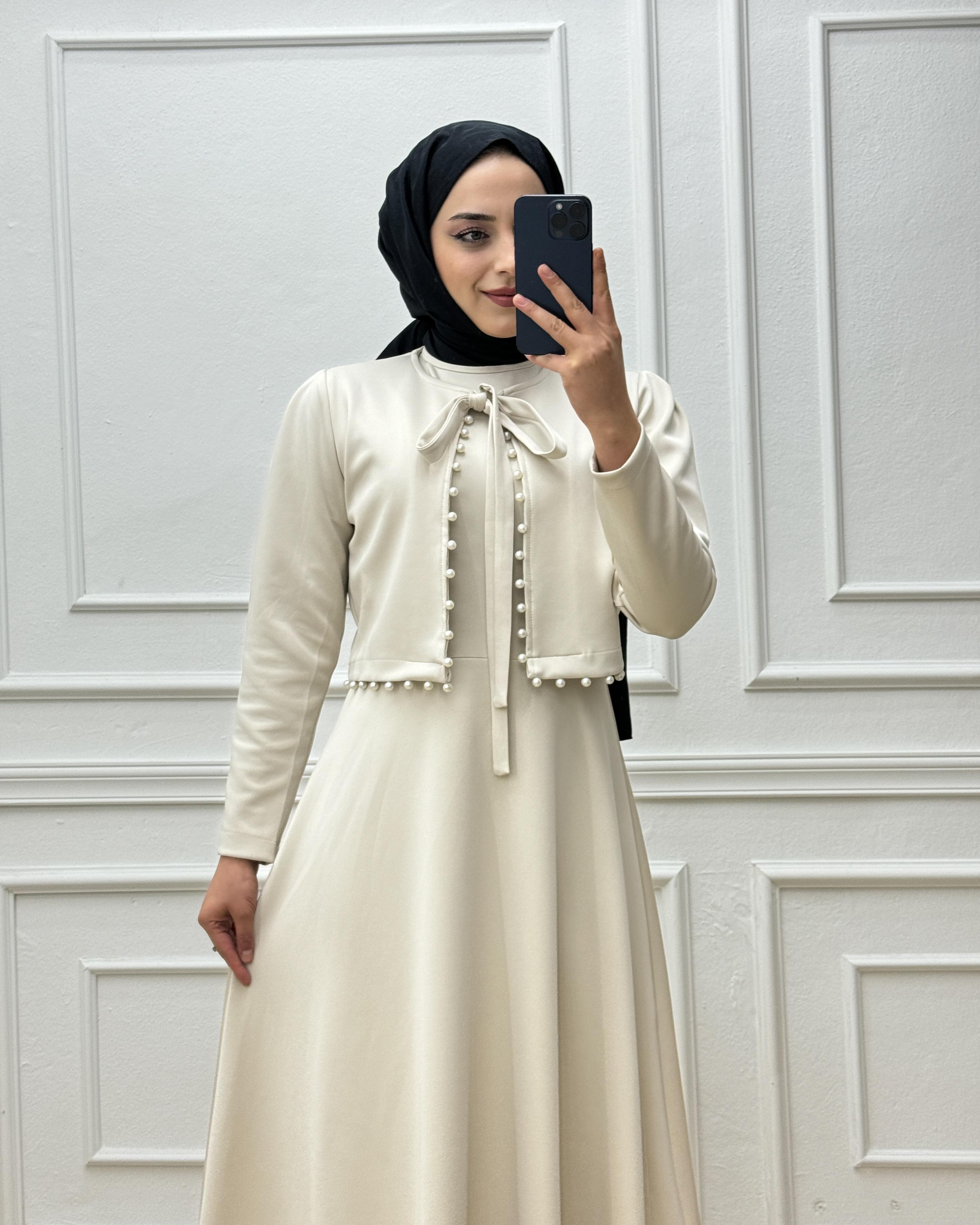 0886-İncili Elbise-Krem