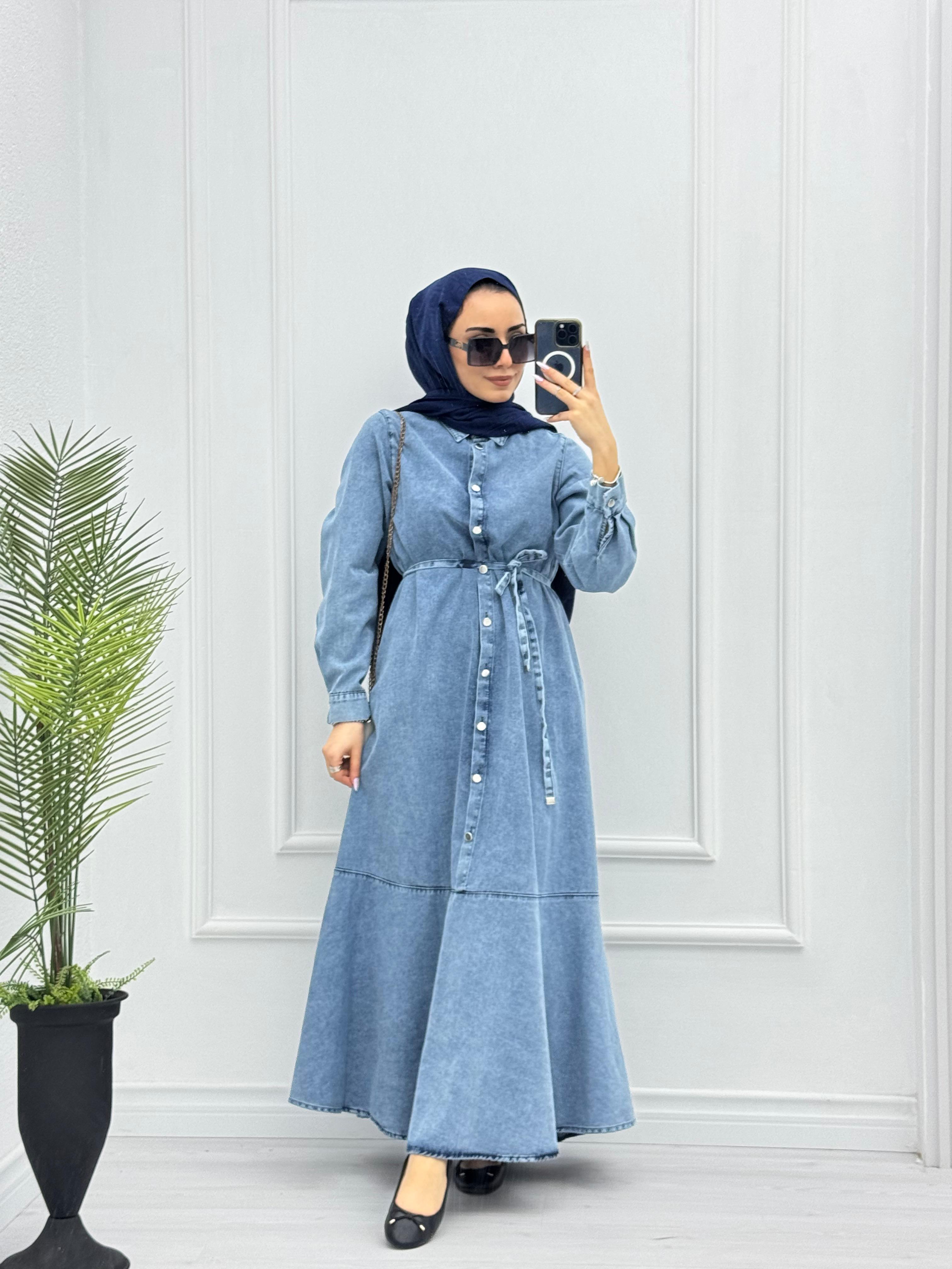 0921-Denim Elbise-Mavi